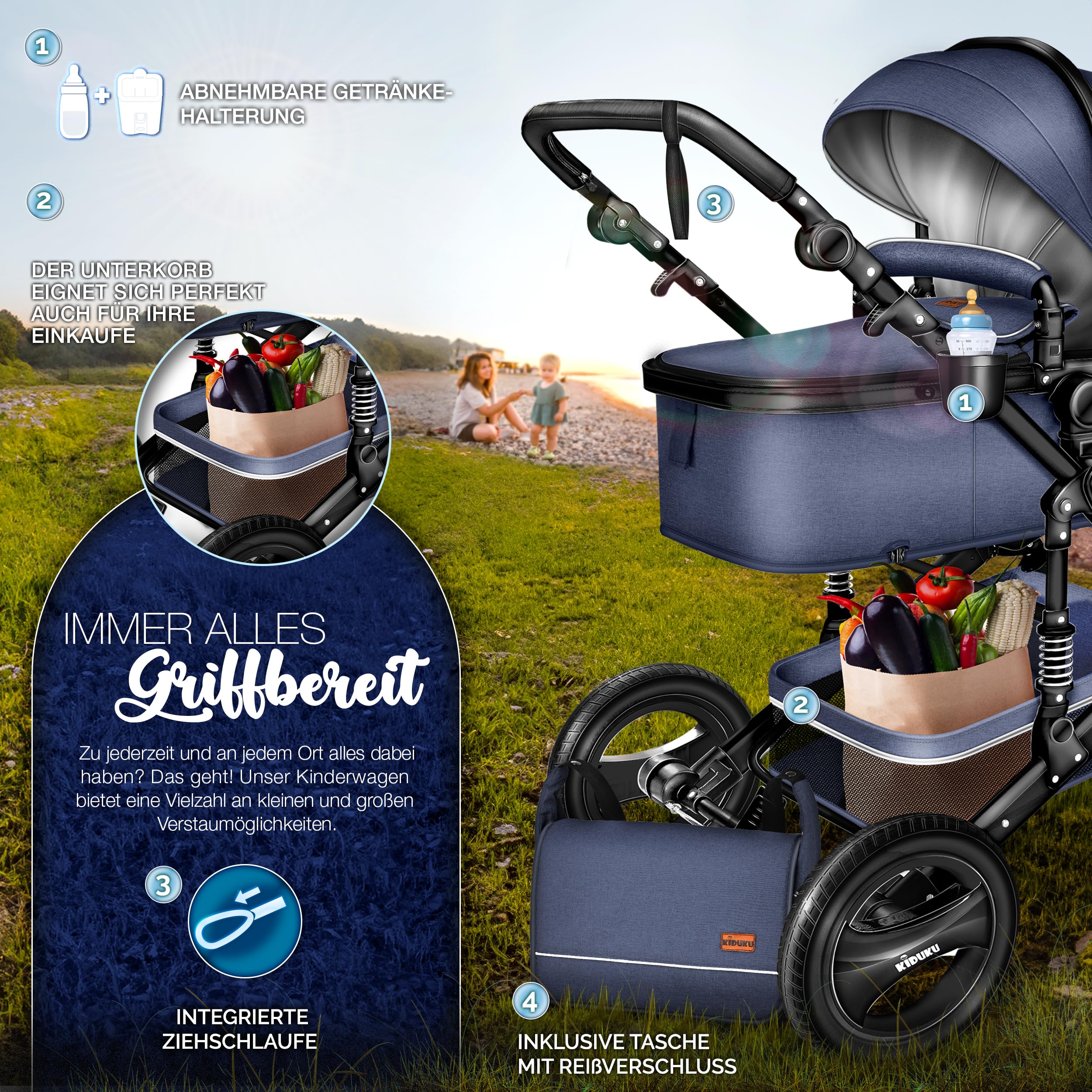 KIDUKU 3 in 1 Kinderwagen XXL Komplettset Kombikinderwagen mit Babywanne Buggy Sportsitz Auto-Babyschale Fußsack Vollgummireifen Wickeltasche Regenschutz ECE R129