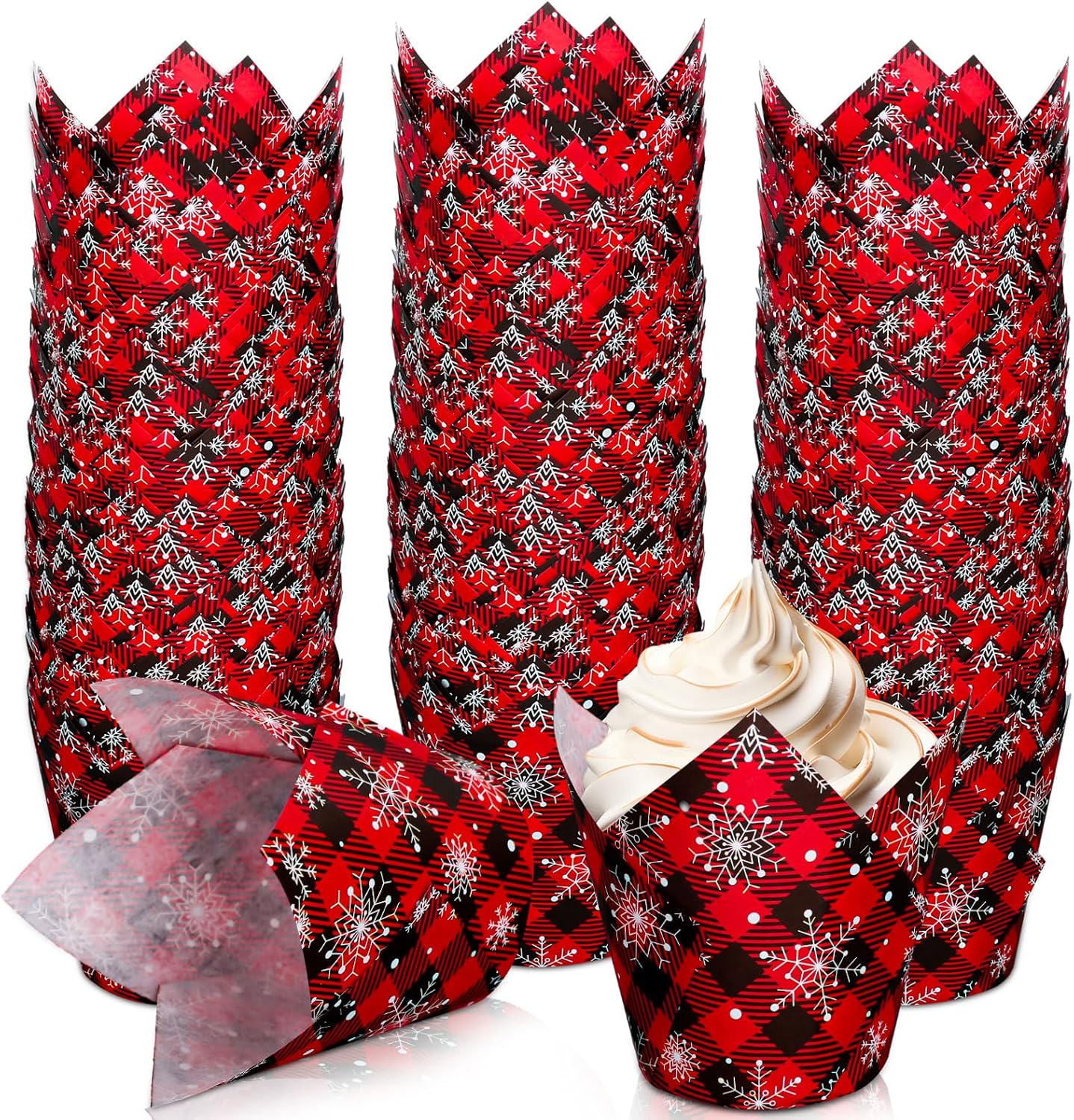 Whaline 200Pcs Christmas Plaid Tulip Cupcake Liners Plaid Snowflake Muffin Tulip Baking Cups Xmas Red Black Tulip Cupcake Wrappers for Holiday Party Supplies Whaline 200Pcs Christmas Plaid Tulip Cupcake Liners Plaid Snowflake Muffin Tulip Baking Cups Xmas Red Black Tulip Cupcake Wrappers for Holiday Party Supplies