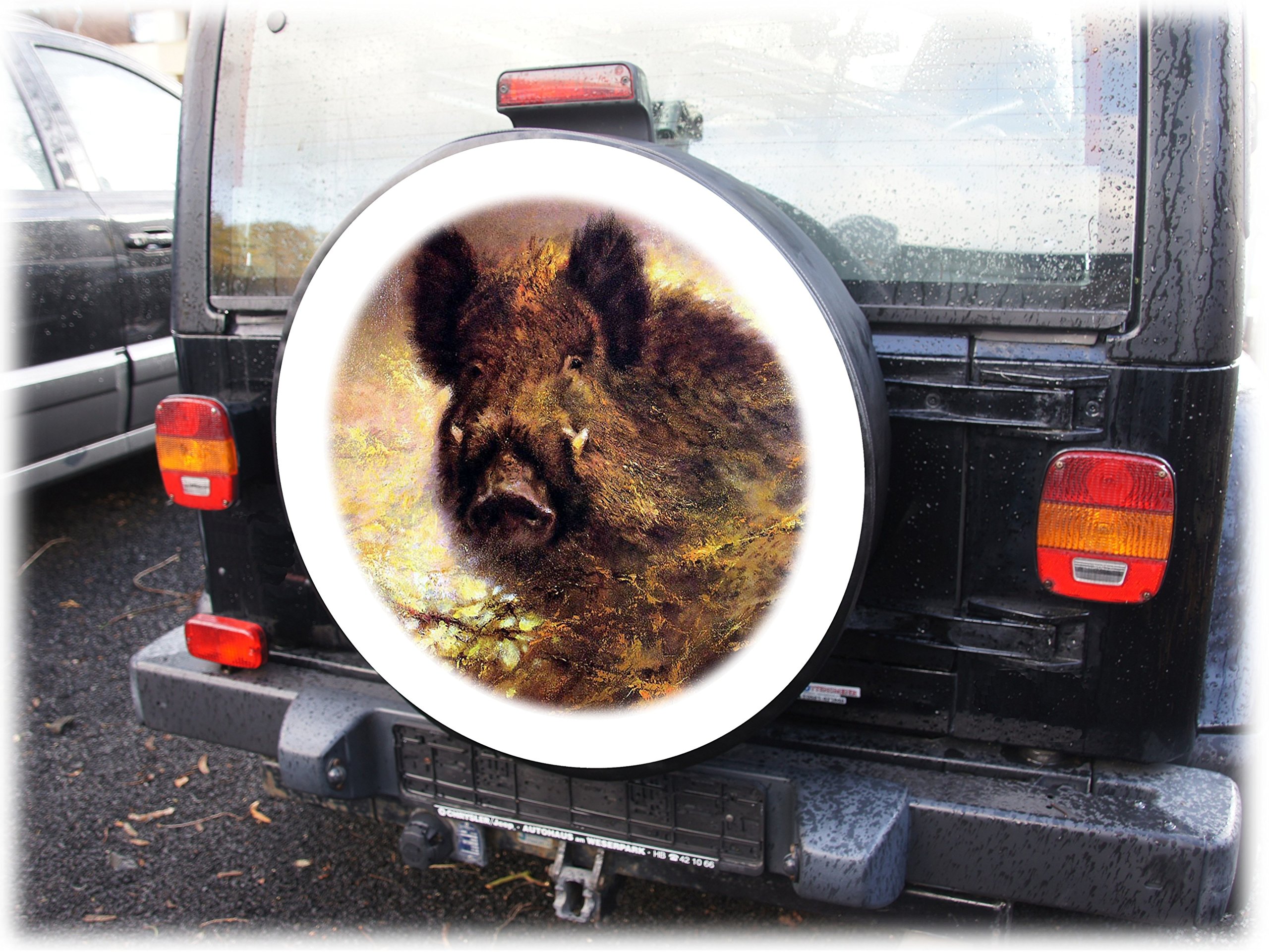 AB3-00187 Wildschwein Keiler Reserveradabdeckung 79x30 cm aus Planenmaterial und Kunstleder Reserveradhülle Ersatzradabdeckung Reifencover Radhülle Überzieher Diameter 79 cm - 31´´ Width 30 cm - 12´´