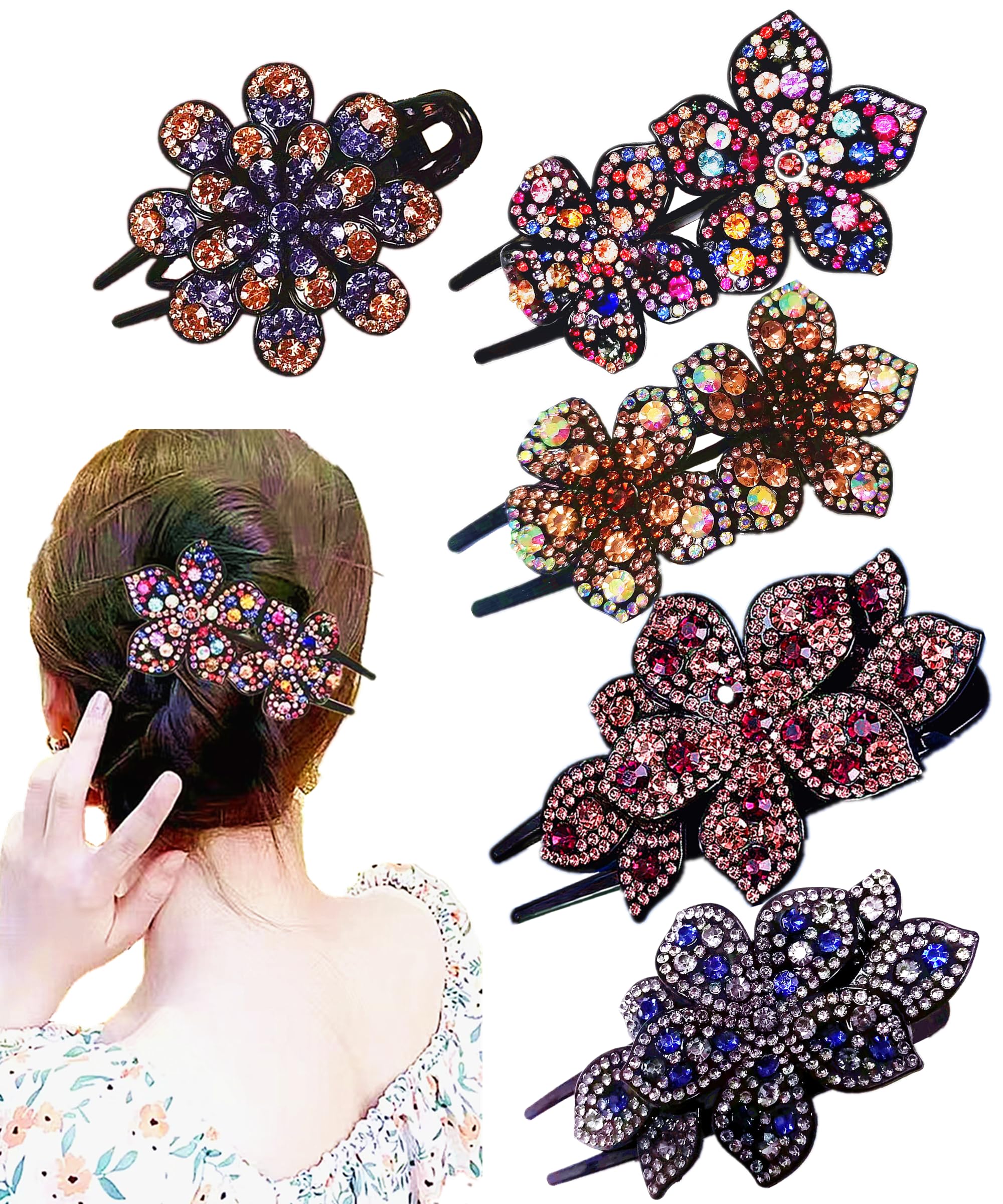 5 fermagli per capelli a doppio fiore con strass, accessori per capelli lunghi da donna, con strass spessi e decorativi (grande)