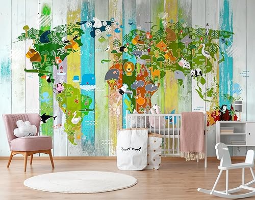 Murwall Kids Wallpaper Child Map Wall Mural World Map Animal Wall Art Kindergarten Wall Decor Nursery World Map Murals Girls Bedroom Boys Bedroom