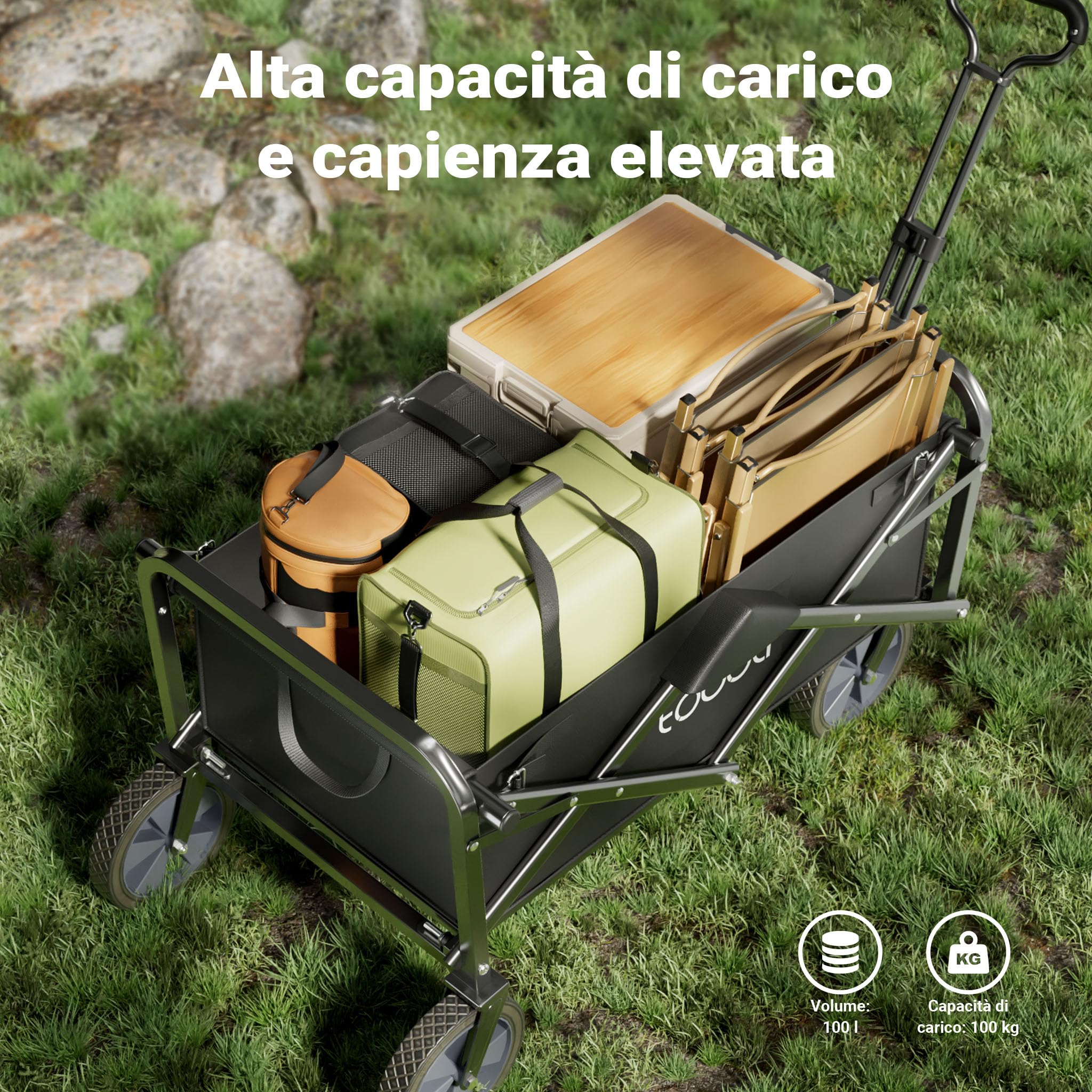 Carretto a mano pieghevole, max 100 kg, tessuto impermeabile nero e manico telescopico, Carrello spiaggia