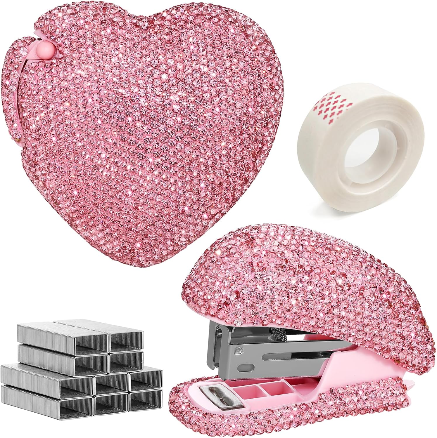SlowVibes Bling Pink Small Stapler and Tape Dispenser Set | Portable Mini Stapler with Staples | Cute Heart-Shaped Tape Cutter | Rhinestones Office Desk Accessories Bedazzled Gifts for Women Girls