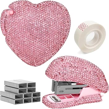 SlowVibes Bling Pink Small Stapler and Tape Dispenser Set | Portable Mini Stapler with Staples | Cute Heart-Shaped Tape Cutter | Rhinestones Office Desk Accessories Bedazzled Gifts for Women Girls