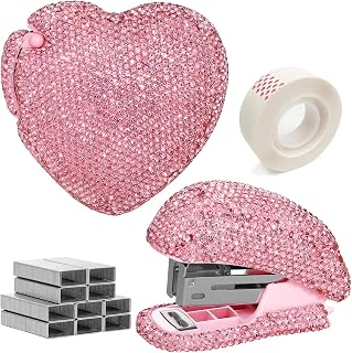 SlowVibes Bling Pink Mini Stapler and Tape Dispenser Set | Portable small stapler with staples, heart-shaped tape cutter, rhinestone desk accessories, gift for women girls