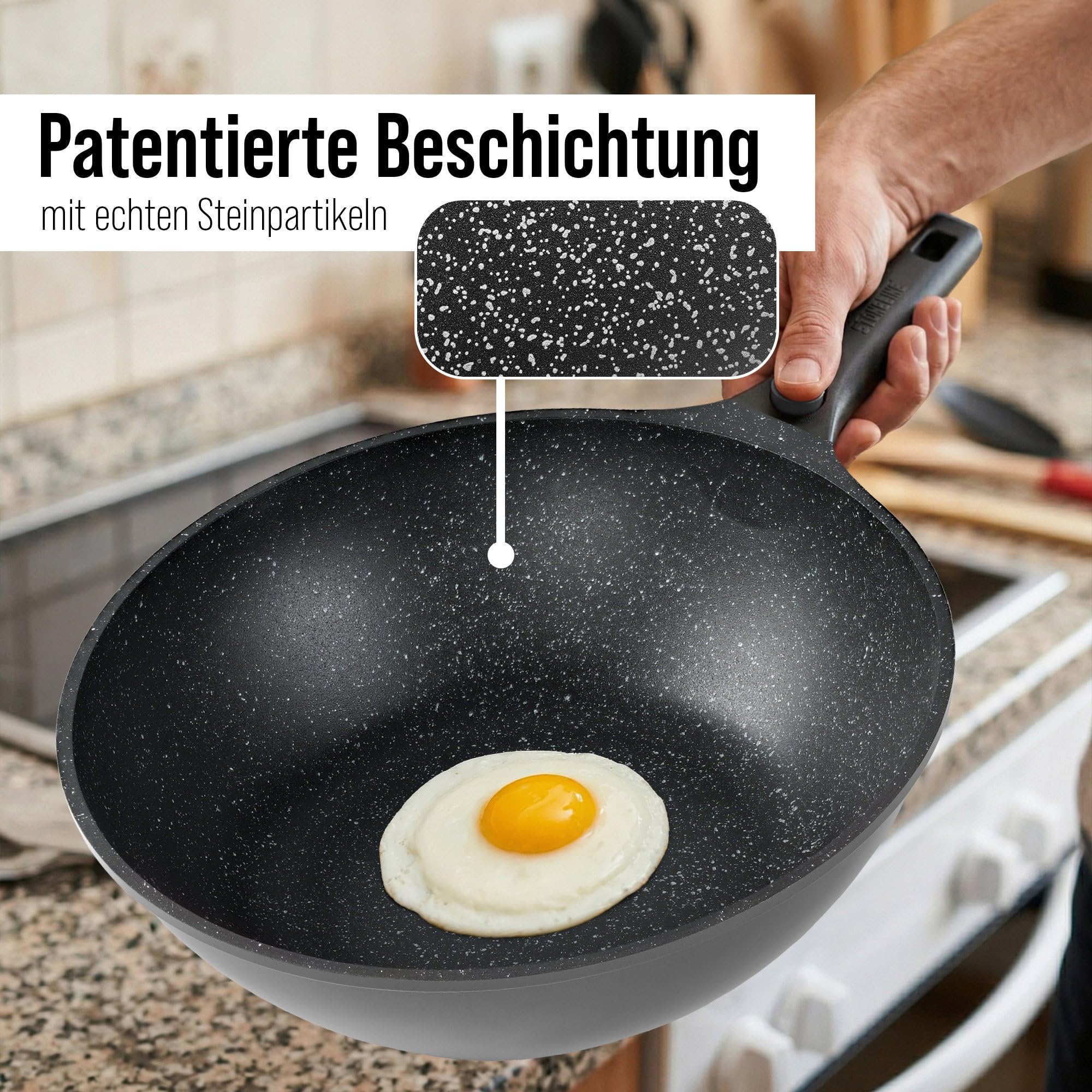 STONELINE SMART Wokpfanne 30 cm, 4,8 L ☆ REDESIGN 25/26 ☆ Große Pfanne mit Deckel, Abnehmbarem Griff, Aluguss Pfanne Induktion, Alle Herdarten, Antihaftbeschichtet mit echten Steinpartikeln, Grau