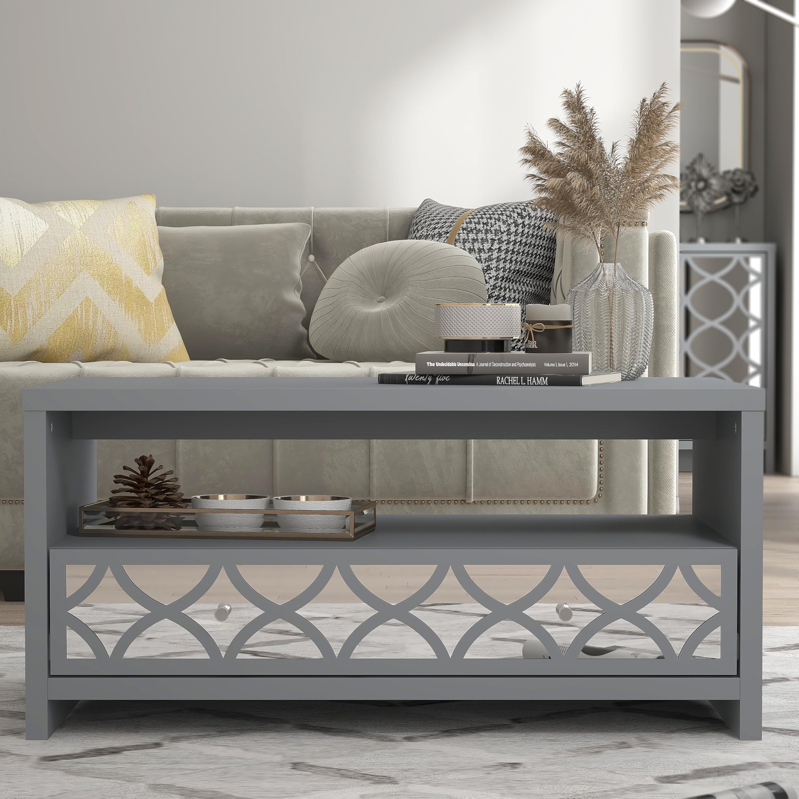 Galano Iris Coffee Table with Drawer – Mirrored Effect – Modern Storage Cabinet for Living Room, Entryway, or Foyer – Space-Saving Contemporary Table - Cool Grey