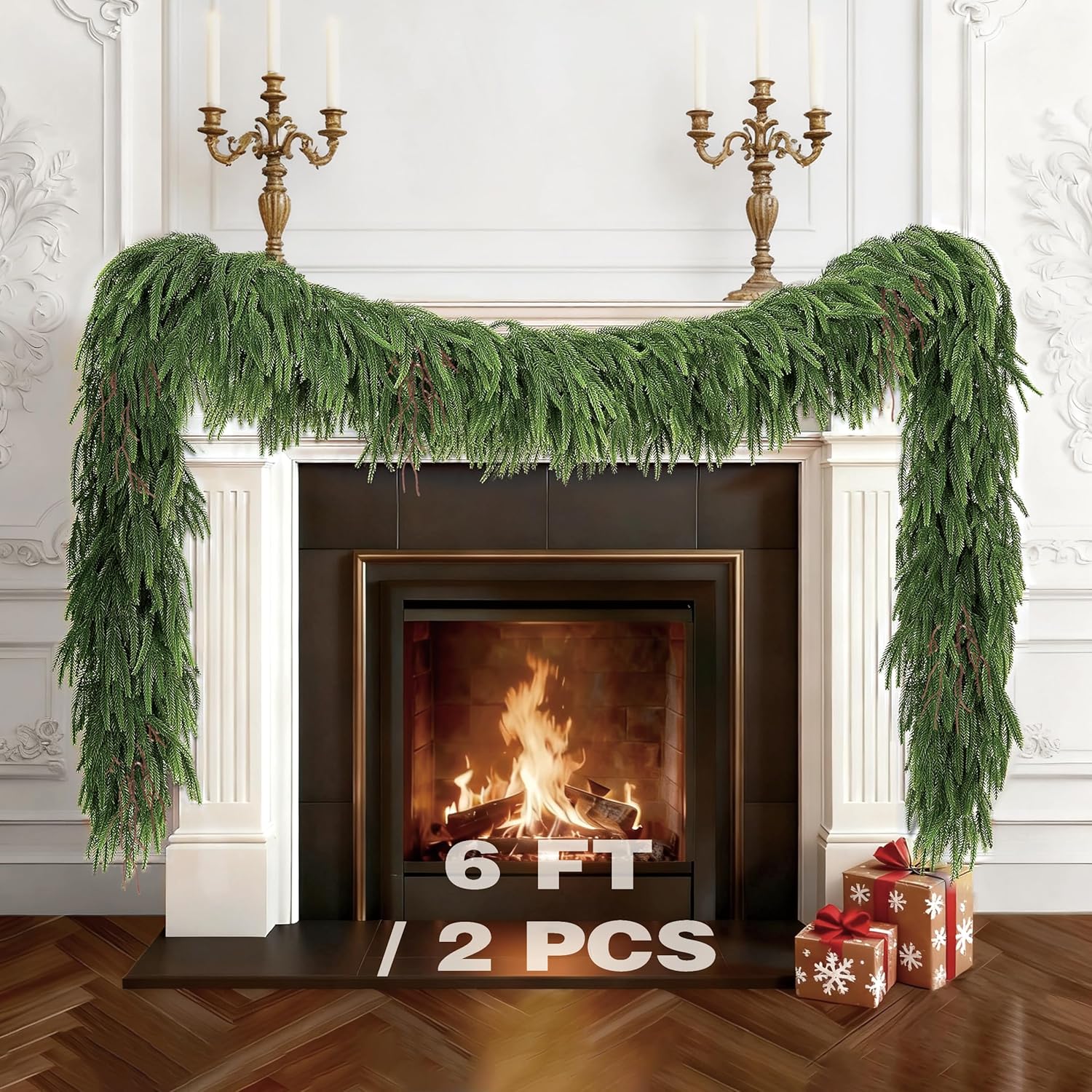 Cedar Christmas Garland with Lights, Decorations 9Ft Artificial Real Touch Thickness Greenery Pine Pre-Lit Garland, Thickness Faux Cedar Garlands for Vintage Christmas Mantle Decor