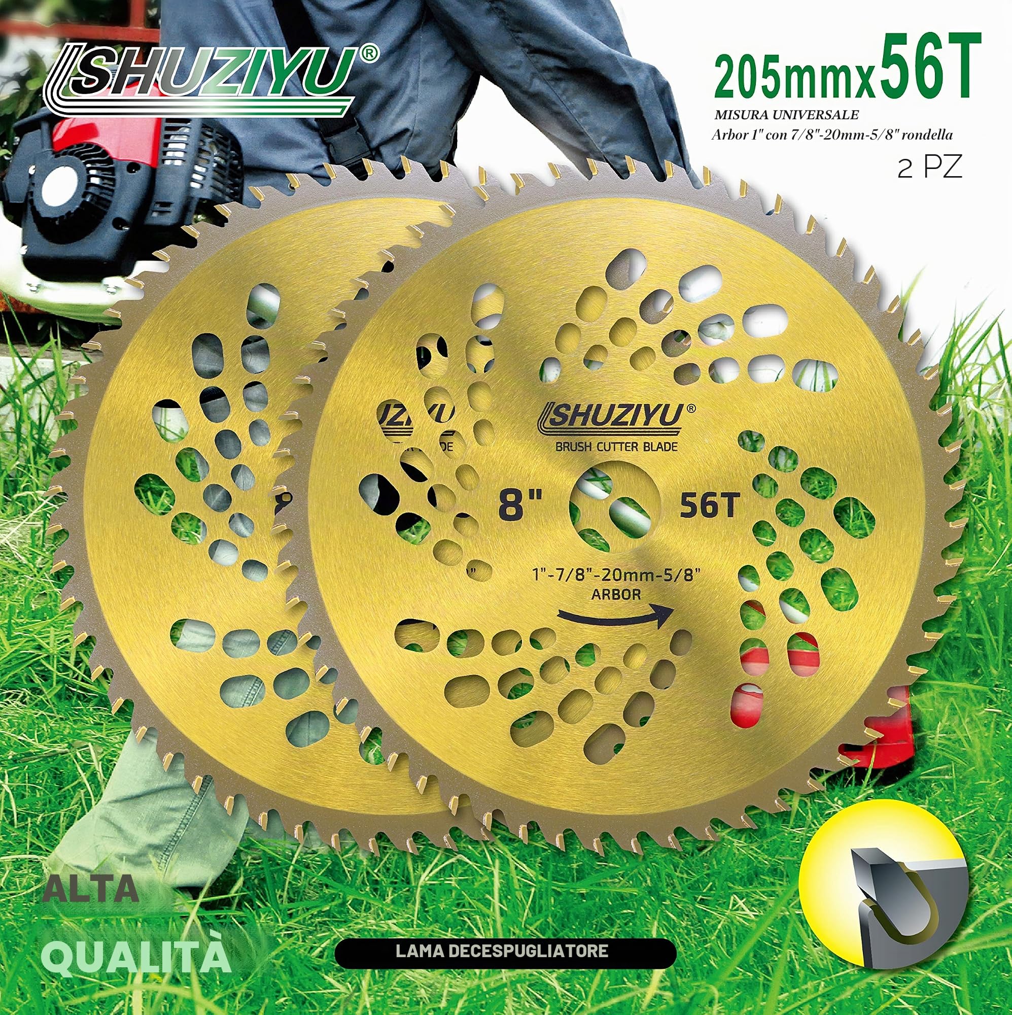 205mm-56T, 2Pez-Set. Punte in Carburo, Foro Centrale 25.4mm Con Rondella 22.23-20-16mm, Lama per Decespugliatore, Disco per Decespugliatore.