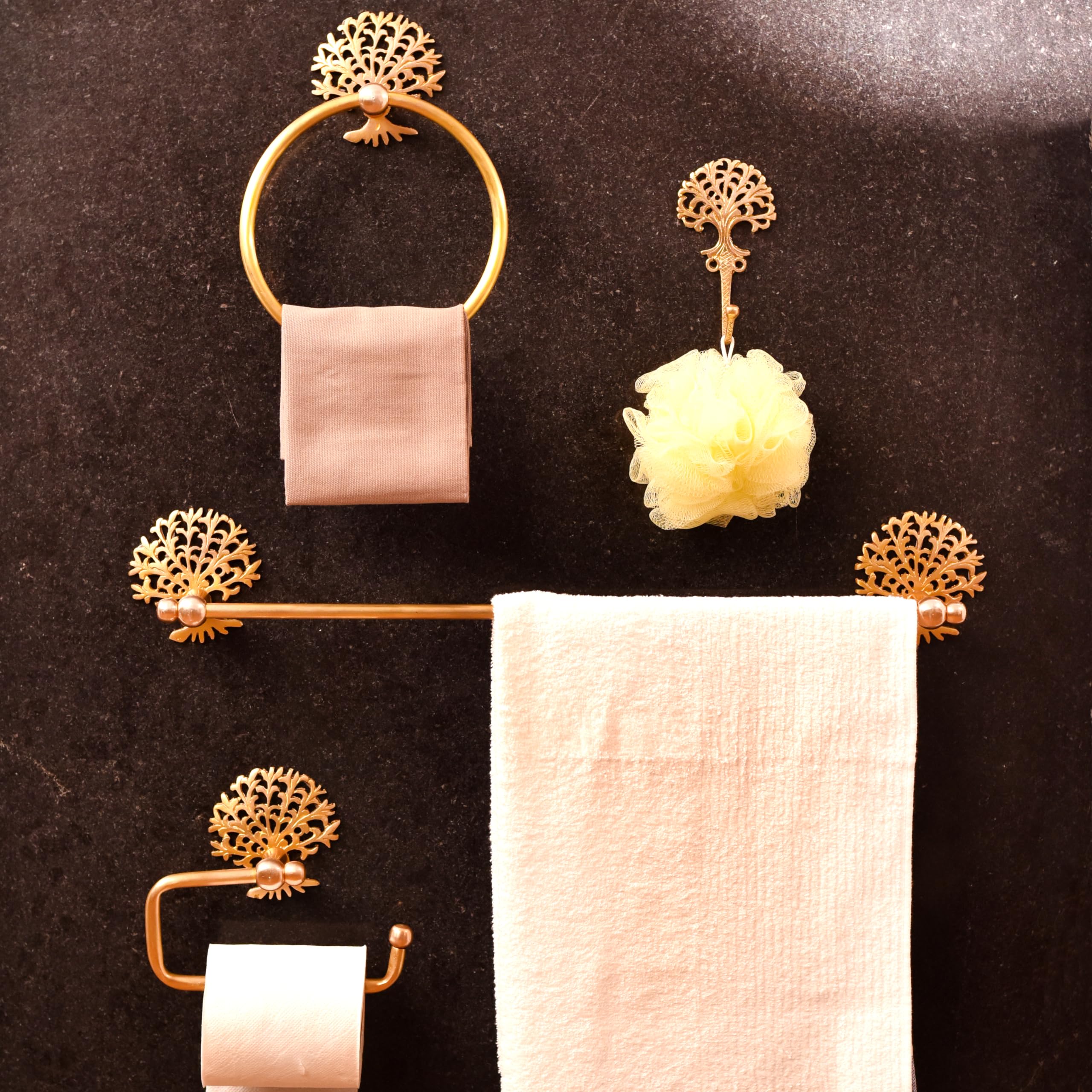 IndianShelf Pack of 4 Golden Bathroom Hardware Set | Golden Boho Toilet Paper Holder | Gold Tree Towel Hook | Gold Towel Holder for Bathroom | Gold Towel Bar Modern | Brass Bathroom Accessories Set (B0CJ17JW4Q) Amazon Price History, Amazon Price Tracker