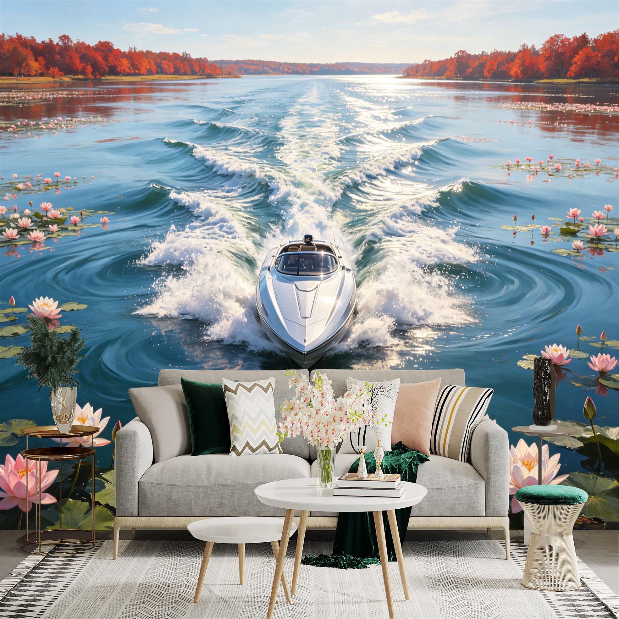 Custom Size Wall Sticker Mural， Speedboat Cruising on Calm Lake， Vibrant Autumn Foliage and Blooming Water Lilies， for wall Decoration， peelandstick wall Decals.