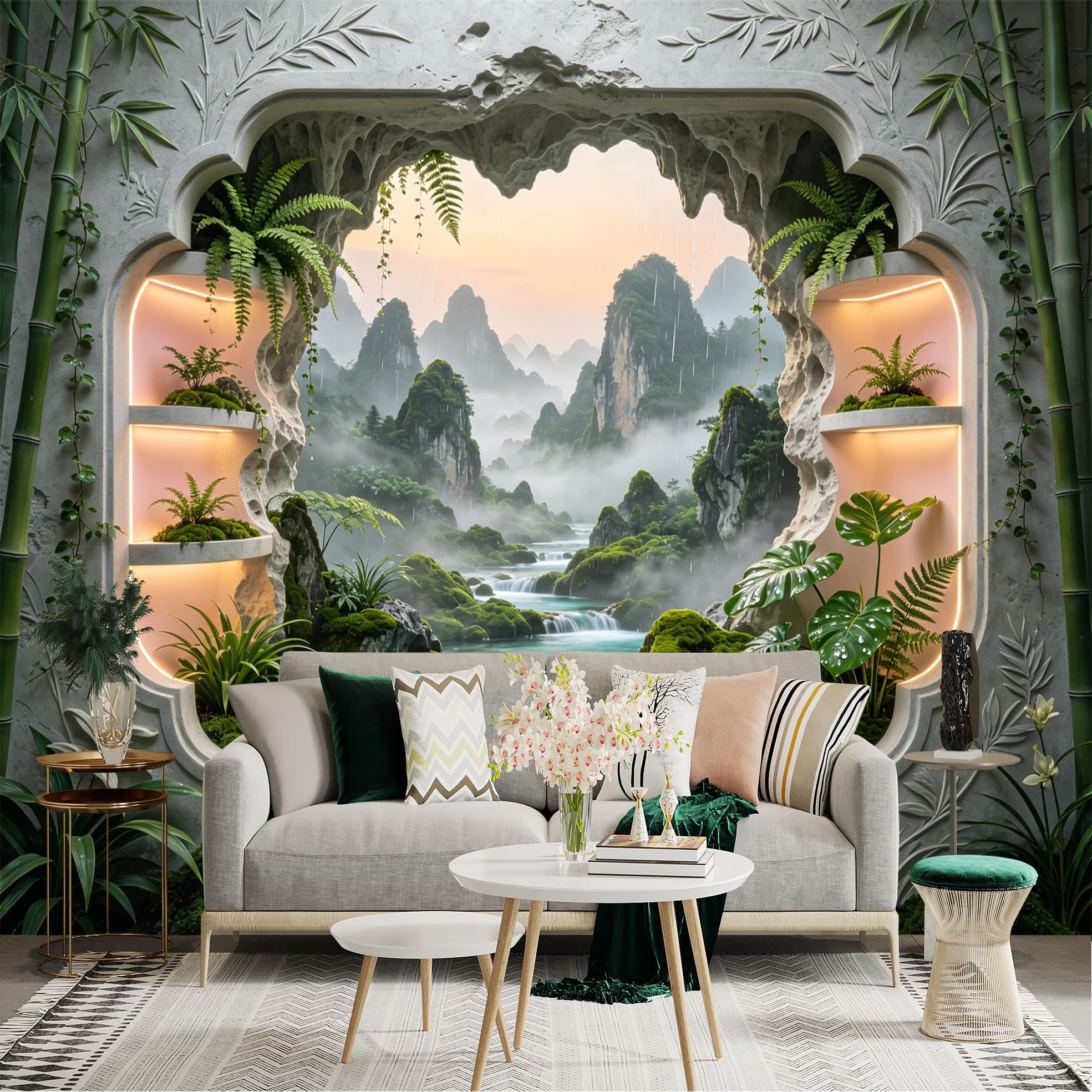 Custom Size Wall Sticker Mural， Zen Bamboo Garden with Waterfall， Misty Mountains and Green Plants， for wall Decoration， peelandstick wall Decals.