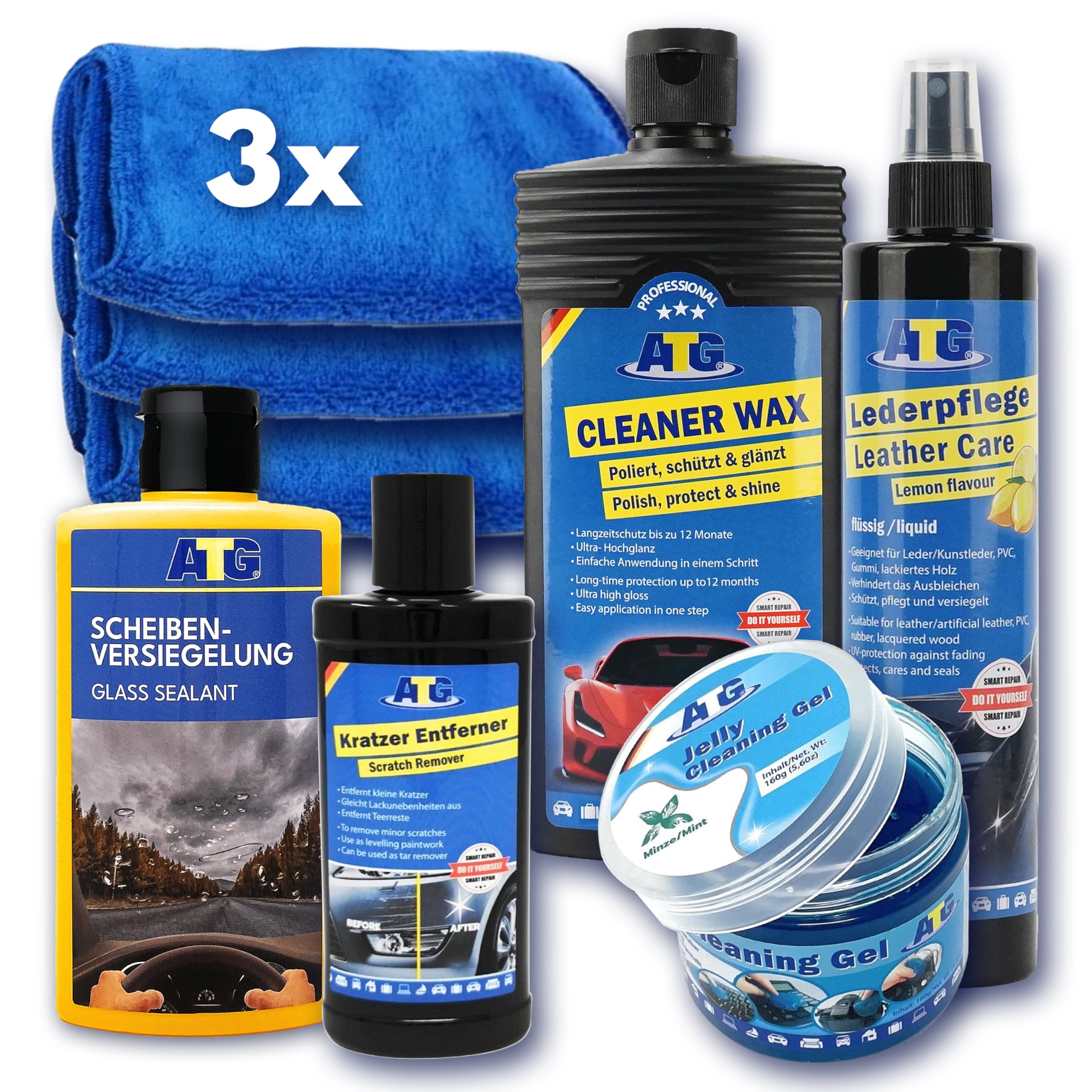 ATG® Premium Autopflegeset - Lederpflege mit Zitrusduft - Scheibenversiegelung - Cleaner Wax Autopolitur mit Carnaubawachs - Reinigungsgel für den Innenraum - Kratzerentferner - 3x Mikrofasertuch
