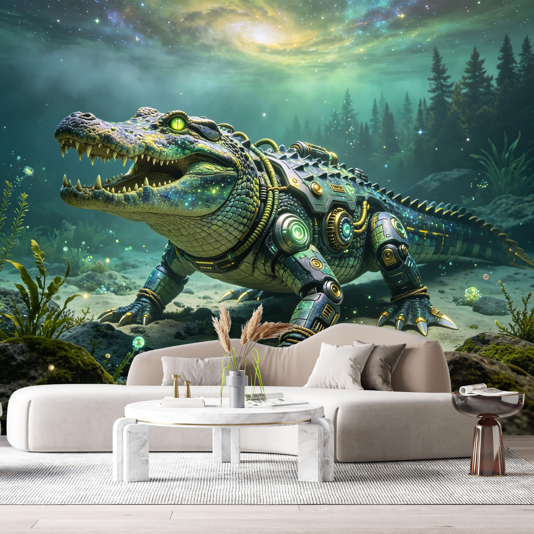 Custom Size Wall Mural Mechanical Alligator SciFi Cyber Reptile Metal Armor Futuristic Mech Neon Underwater Scene SelfAdhesive Art Prints Removable Large Wallpaper Esports Game Room Studio