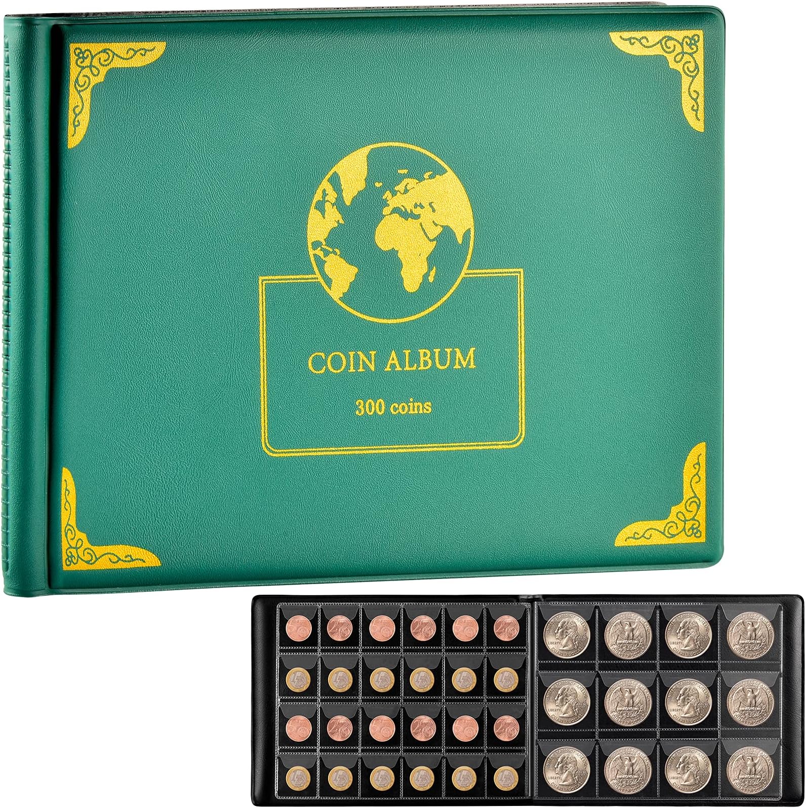 Coin Collection Supplies Holder Book for Collectors, 300 Pockets Coin Collection Organizer Storage Box Case Album for 20/25/ 27/30/ 38mm Coins (Earth Pattern Green)