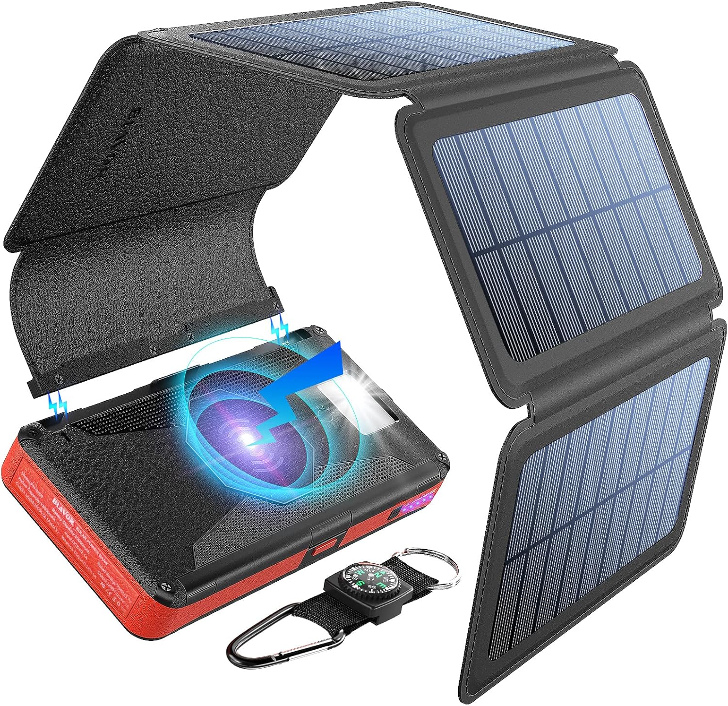 BLAVOR Solar Charger Five Panels Detachable, Qi Wireless Charger 20000mAh Portable Power Bank with Dual Output Type C Input Flashlight and Compass Kit (Red, 20000mah) : Cell Phones & Accessories