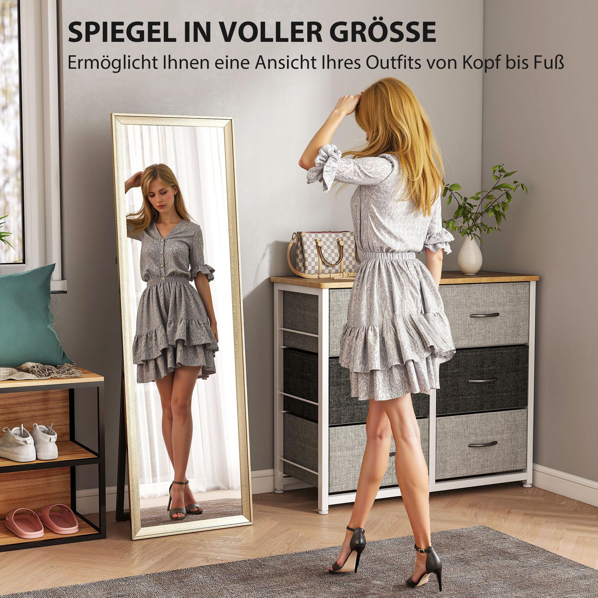 HOMCOM Ganzkörperspiegel 160 x 50 cm Rechteckig Standspiegel mit Metalloptik, Wandspiegel zum Anlehnen, Stehen, großer Spiegel für Flur, Wohnzimmer, Schlafzimmer, Gold