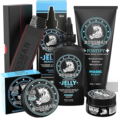Vista 11 de Bossman Kit completo de gelatina de aceite para barba para hombre, acondicionador de ducha fortificante, bálsamo, cera de bigote y peine, suavizante