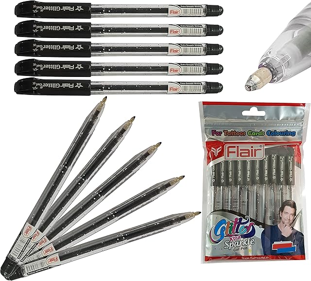 FLAIR Glitter Xtra Sparkle Gel Pens, BLACK, 1.0mm Medium Point, Pack of 10, Colour Sketch Draw Doddle Journal Use, PATEL Black Ball Pen