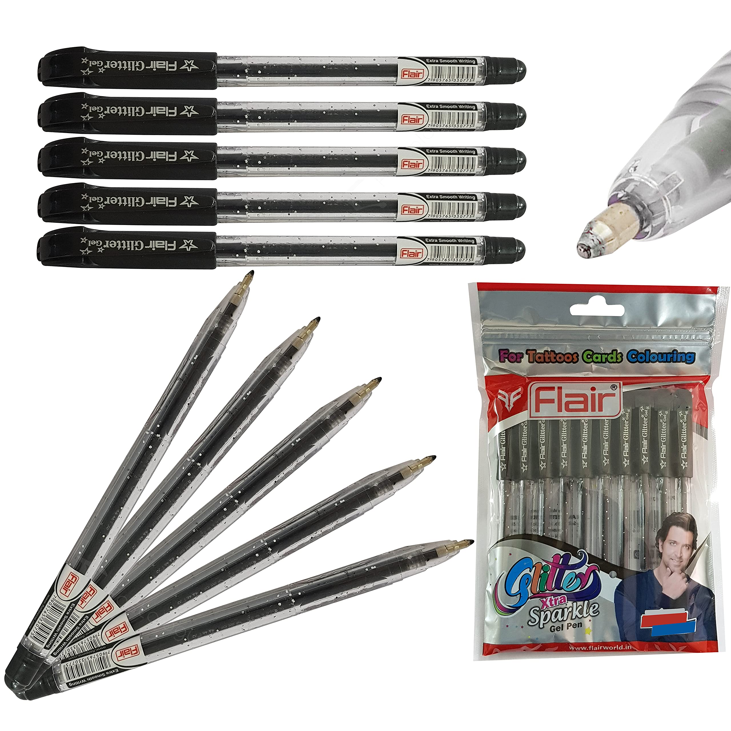 FLAIR Glitter Xtra Sparkle Gel Pens, BLACK, 1.0mm Medium Point, Pack of 10, Colour Sketch Draw Doddle Journal Use, PATEL Black Ball Pen