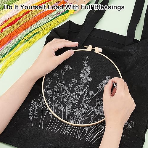 Miniatura 3 de WADORN Kit de bordado de bolsa de lona para bricolaje, bolsa de lona negra, kit de punto de cruz de flores con patrón e instrucciones, bolsa