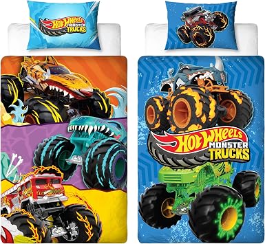 Hot Wheels Officially Licensed Single Duvet Cover Set | Monster Design | Reversible 2 Sided Bedding Including Matching Pillow Case | Perfect For Kids Bedroom | Multicolour