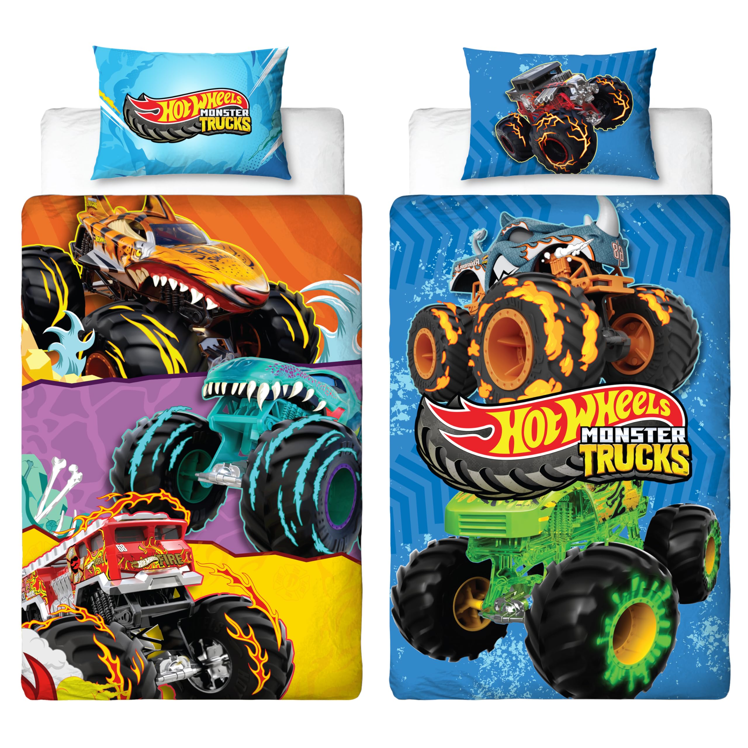 Hot Wheels Officially Licensed Single Duvet Cover Set | Monster Design | Reversible 2 Sided Bedding Including Matching Pillow Case | Perfect For Kids Bedroom | Multicolour