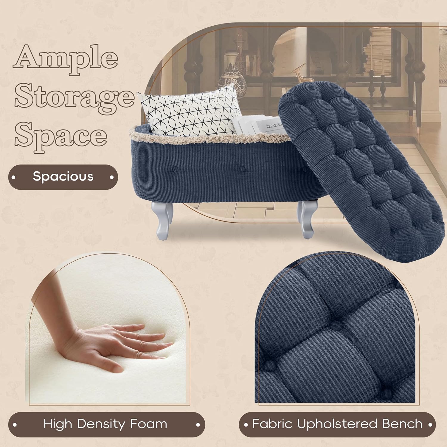 Christopher Knight Home Etele Mid-Century Modern Fabric Upholstered Ottoman with Storage, Wooden Living Room Sofa Ottoman Footrest, Entryway Ottoman Foot Stool, Toy Box Storage for Living Room, Blue