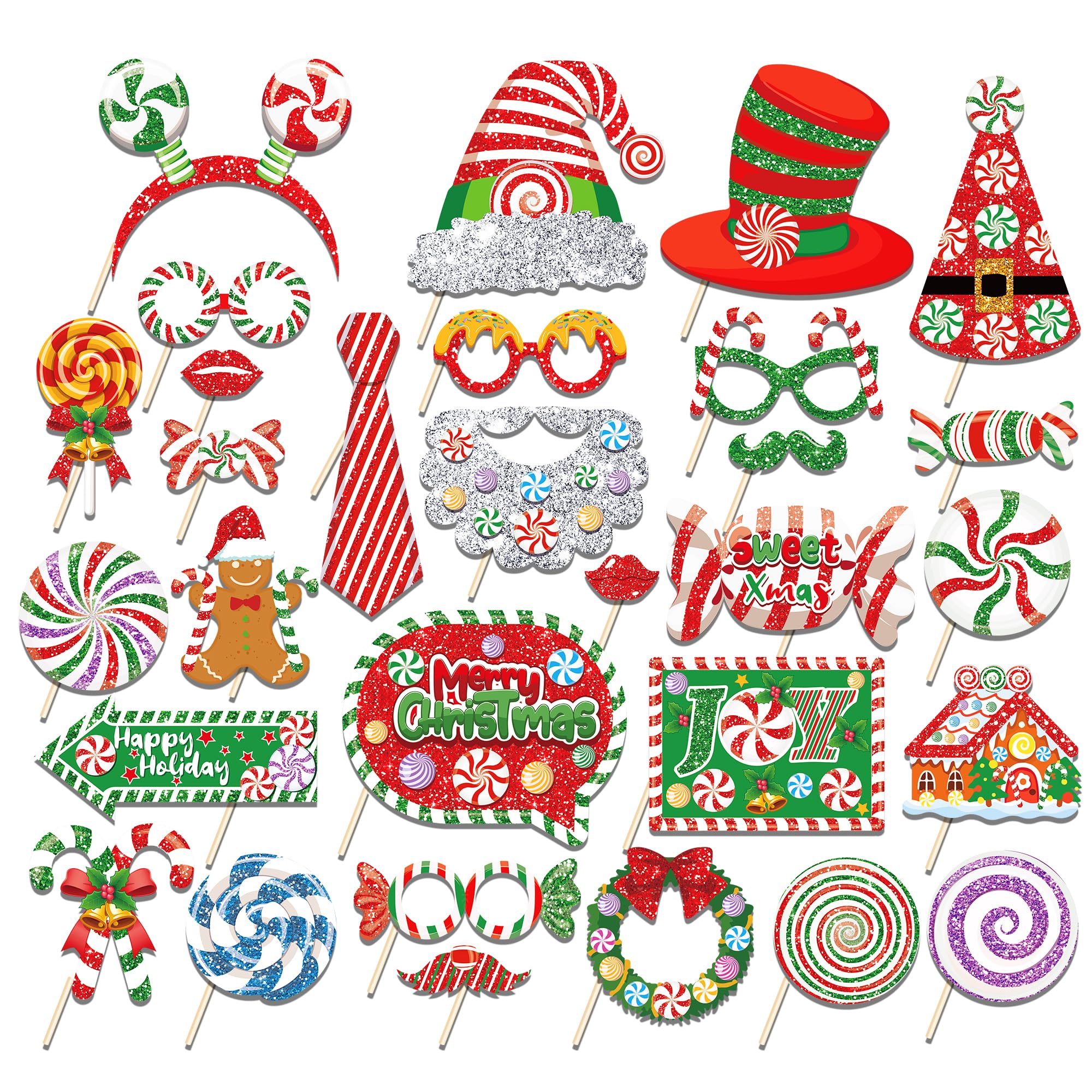 Christmas Photo Booth Props Kit - 30 Pcs Glitter Party Favor for Xmas Holiday Decorations and Games