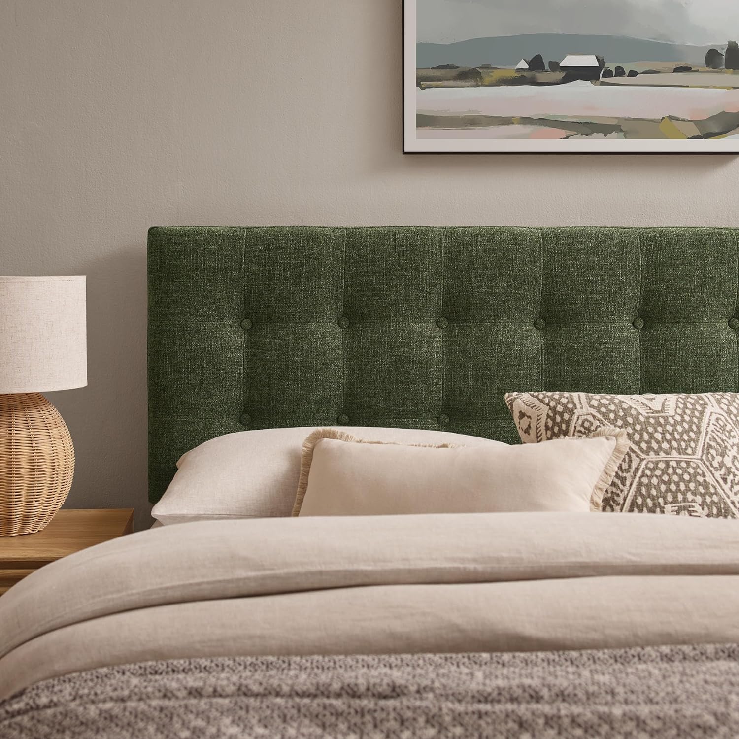 Modway Emily Queen Size Fabric Headboard in Foliage - Linen-Like Upholstery with Button Tufting and 7 Adjustable Height Positions