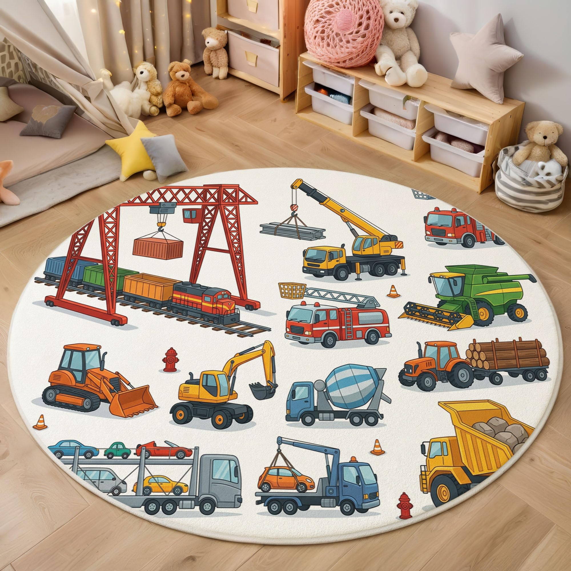 Tappeto Veicoli dei cartoni animati Tappeto Rotondo Antiscivolo | Tappeti Veicoli cantiere e autopompe in Lana Sintetica Tappeti Morbido e Accogliente per Soggiorno,Cameretta e Studio 120cm