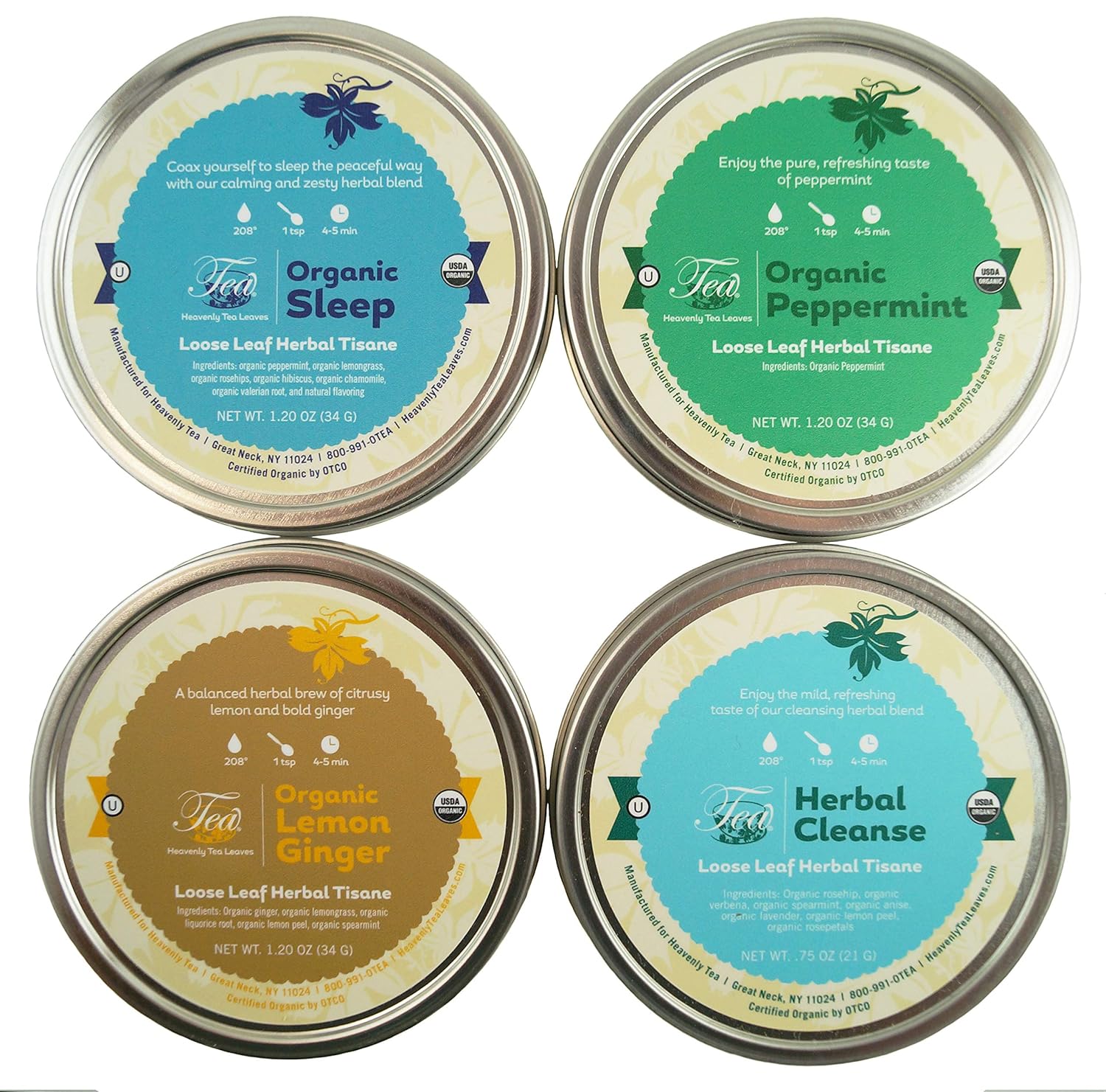 Heavenly Tea Leaves Organic Sleep Loose Leaf Tea Sampler, 4 Naturally Caffeine-Free Loose Leaf Herbal Tisanes (Approx. 80 Cups) - Stress Relief & Immune Support, Calming, Bedtime Tea, Assorted Variety : Grocery & Gourmet Food