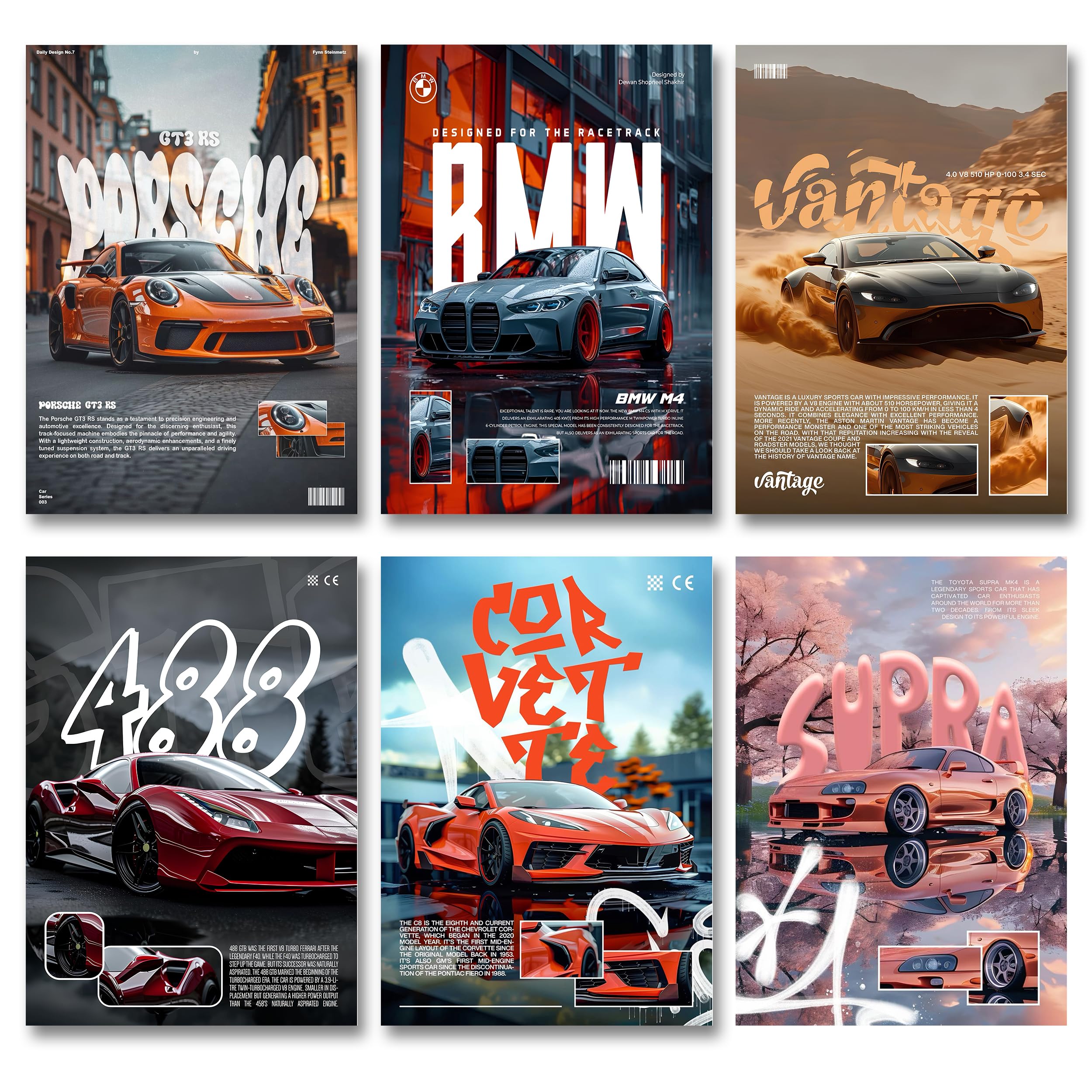 Fit-in Trends Pack of 6 - Car Aesthetic Wall Art 8x12 Inch (A4 Size) 300 GSM | Sports and Race Car Posters - Porsche - For Bedroom, Living Room