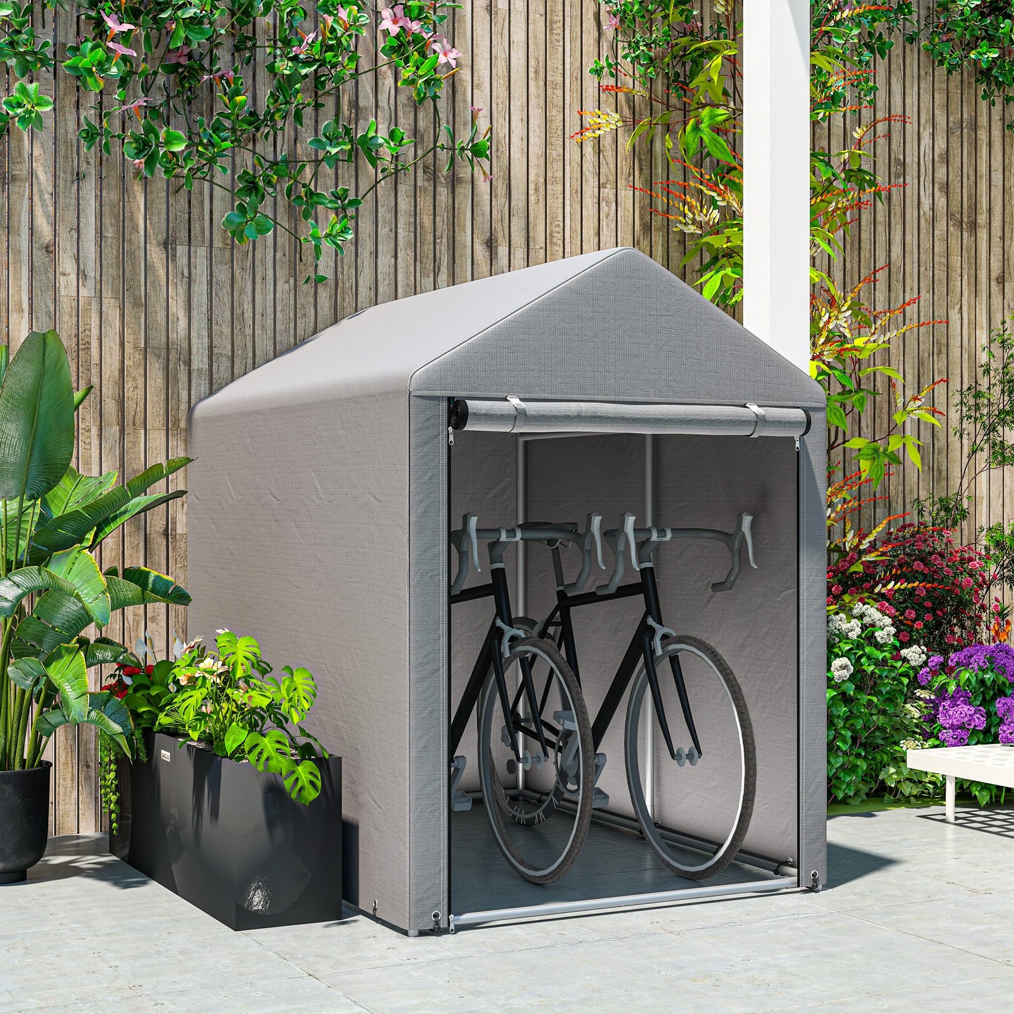 Outsunny Garage Moto extérieur avec entrée zippée, Tente Garage pour vélos et Outils en métal galvanisé et Tissu PE, 120x179x165 cm, Gris Clair
