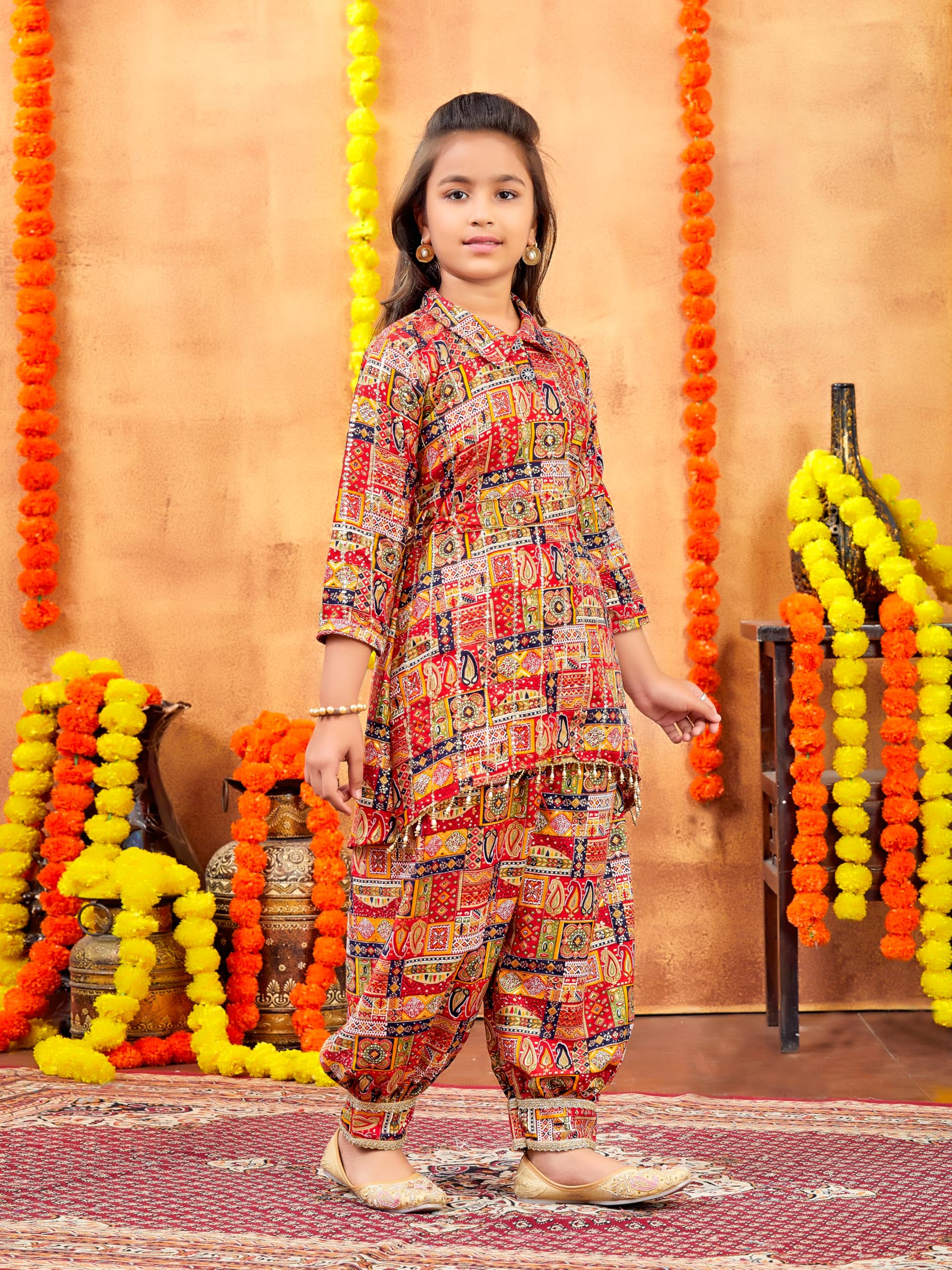Aarika Girls Ethnic Wear Red Colour Abstract Printed Cotton Kurti Patiala Set With Belt (4-10 Years)