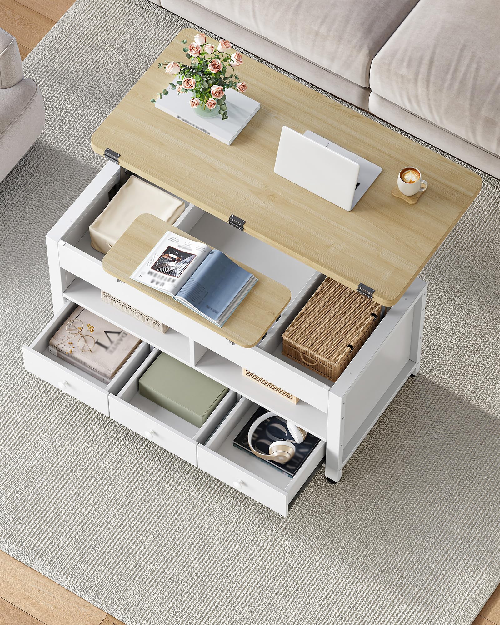 Hzuaneri Couchtisch, Höhenverstellbarer Wohnzimmertisch mit 3 Schubladen und 2 Fächer, 50 × 100 × 45 cm, Kaffeetisch Fach Umwandelbar in Esstisch, für Wohnzimmer, Homeoffice, Weiß-Eichefarben CT22231W
