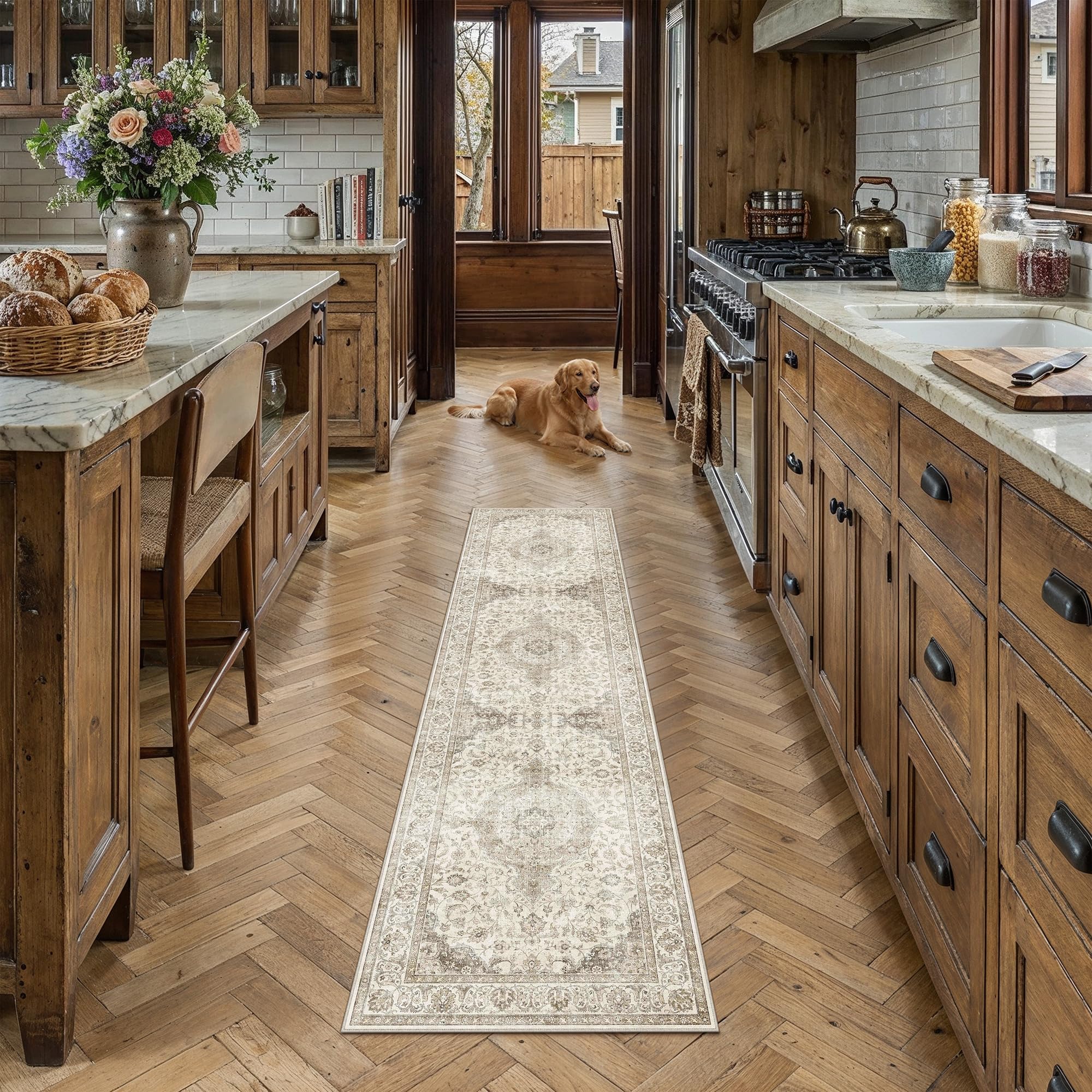 PureCozy Runner Rugs for Hallway 60x240cm Long Vintage Brown Area Rug Washable Non Slip Soft Lounge Bedroom Kitchen Bedroom Bedside Office Corridor Indoor Bobo Low Pile Carpet