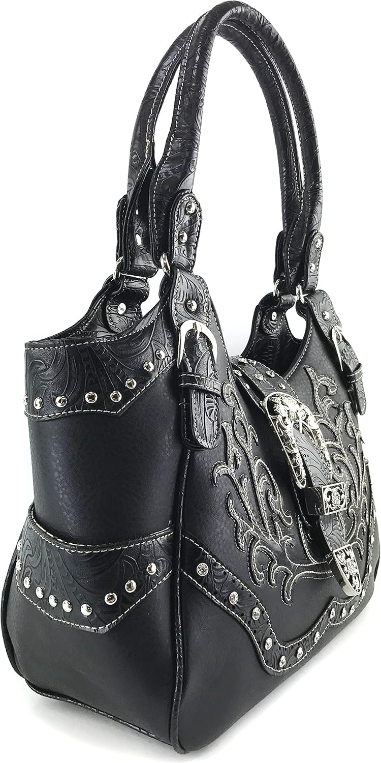Justin West Tooled Floral Embroidery Buckle Studded Concealed Carry Tote Purse (Black Purse Wallet Set) - Image 3