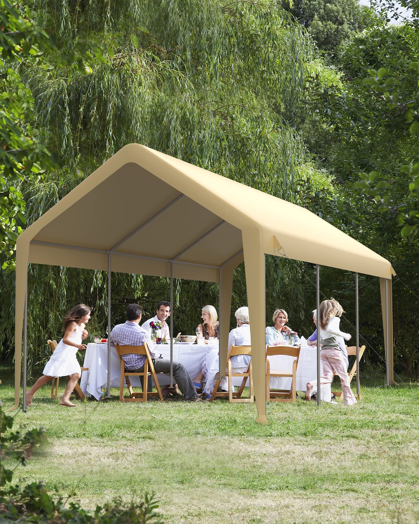 (incomplete)DEXSO Carport 10'x20' Heavy Duty Steel Canopy Height Adjustable & Portable Garage with Roll-up Ventilated Side Doors for Truck Boat Car Port, Party, Equipment Placement, Beige