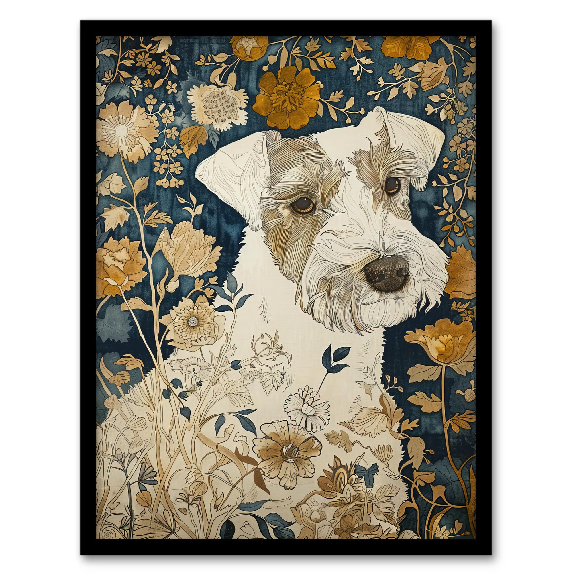 Artery8 Dog Wildflowers Painting Blue Ochre Animal Lover Living Room Artwork Framed Wall Art Print A4