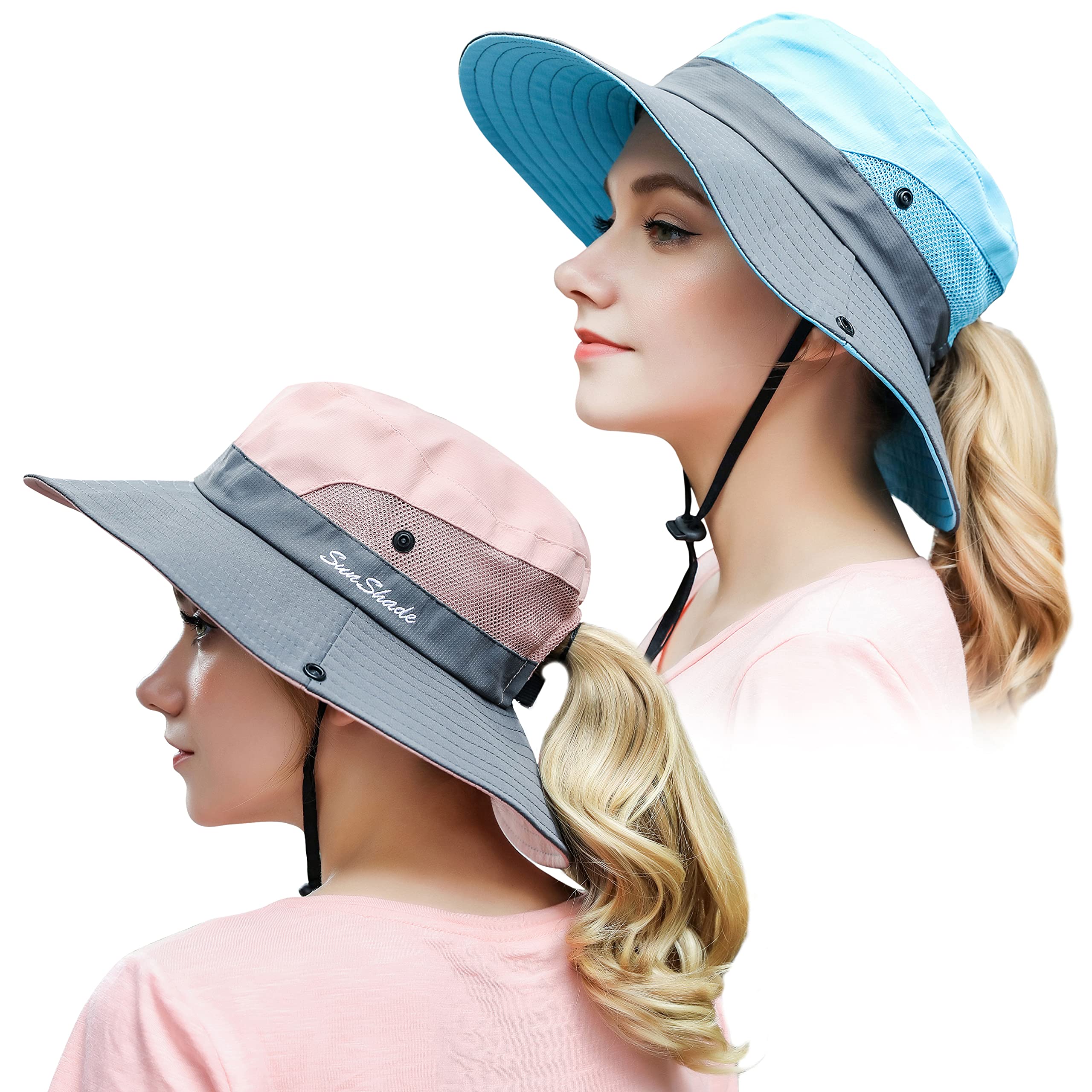 Muryobao Paquete de 2 mujeres cola de caballo sombrero de verano protección UV ala ancha plegable safari pesca Cap