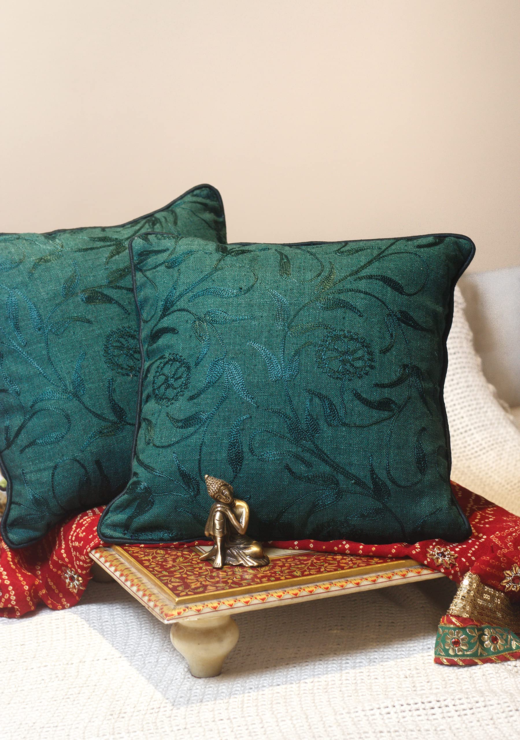 House Of Silko luxury raw Silk bright colorful Cushion Cover with floral embroidery for home Decoration (20x20, Green) (B09TTDJFZF) Amazon Price History, Amazon Price Tracker
