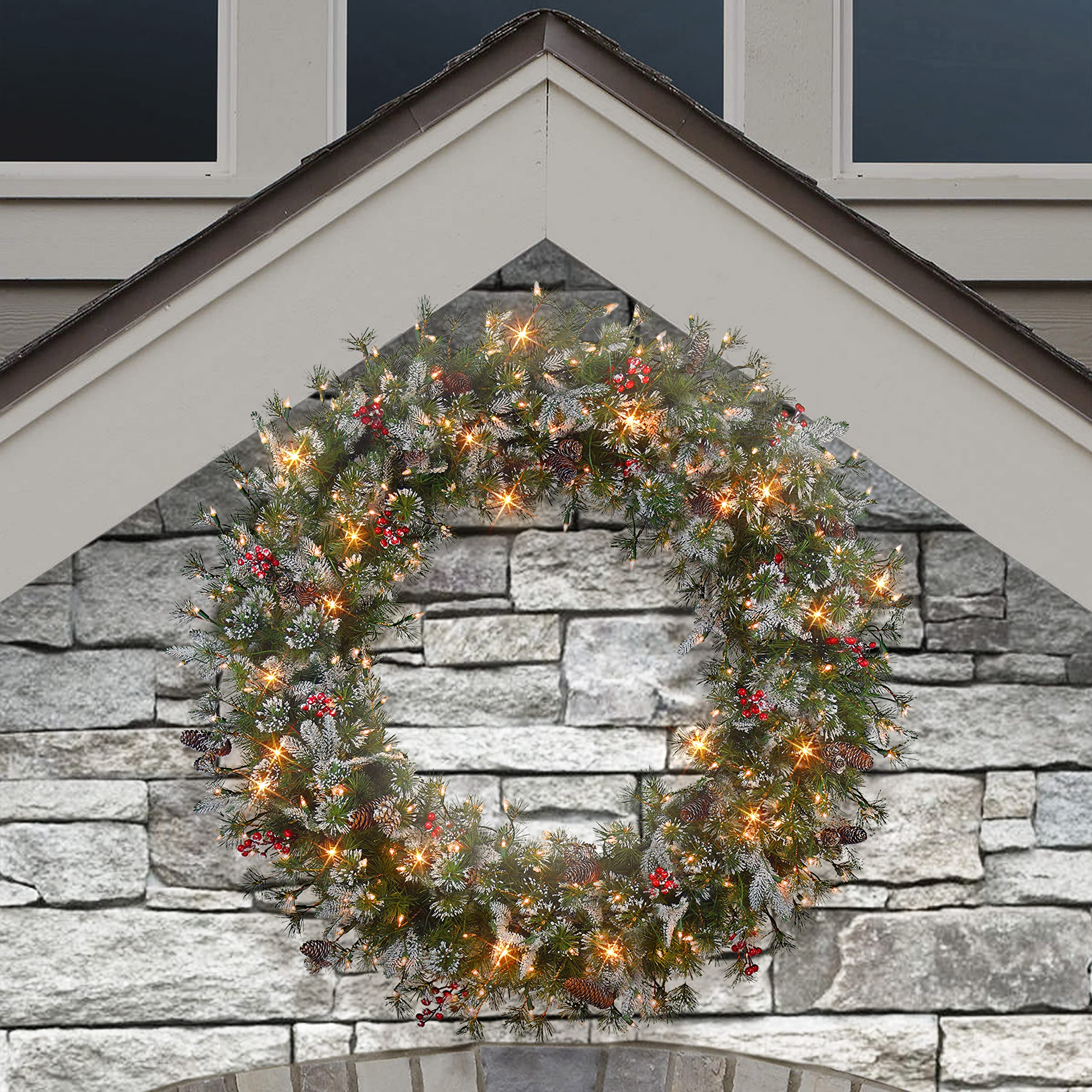 48 in Pre-Lit Glittery PE/PVC Wreath, 560 Tips, Pine Cones, Berries, 250 UL Clear Incandescent Lights