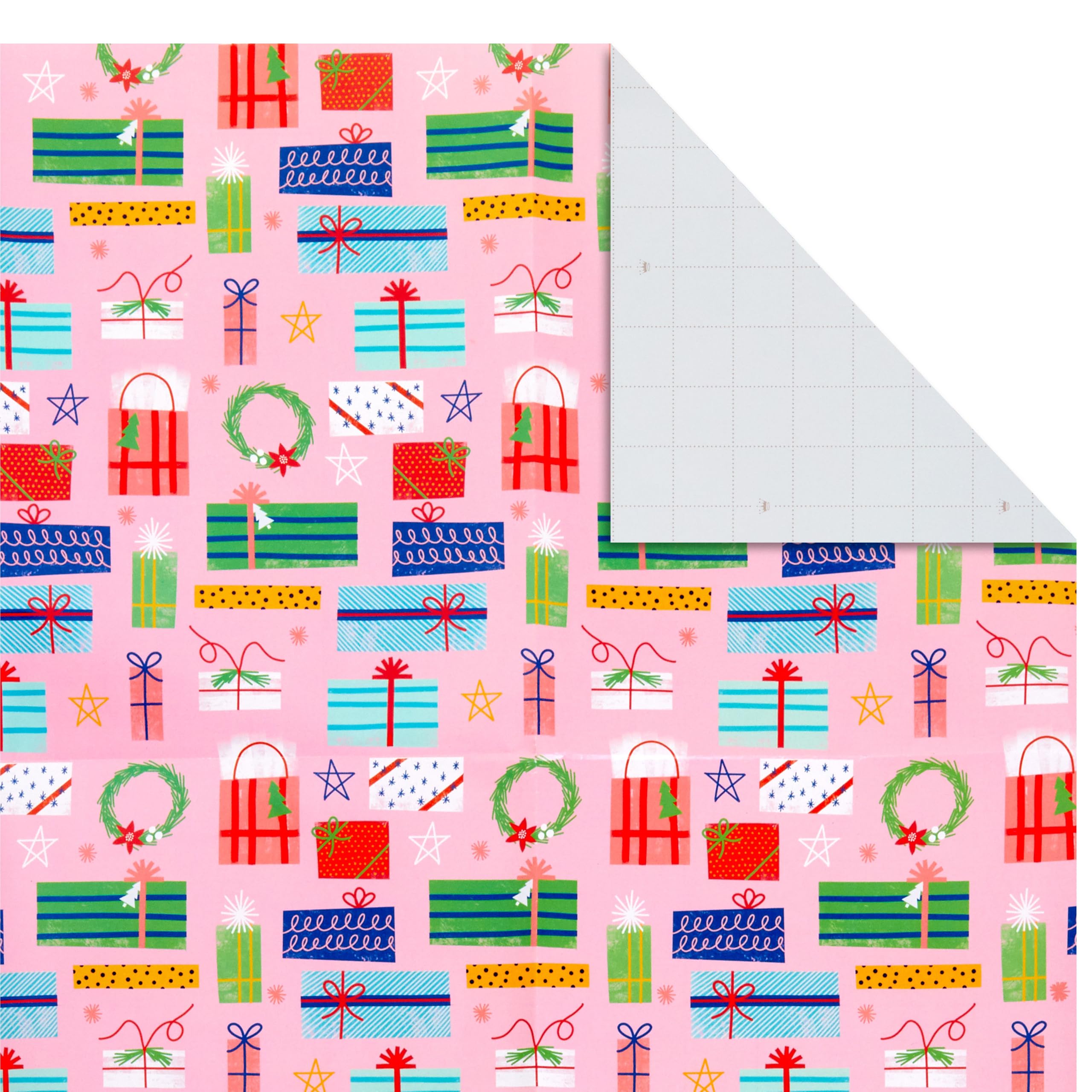 Hallmark Süßes Weihnachts-Geschenkpapier mit Cutlines auf der Rückseite (12 gefaltete Bögen mit Aufkleber-Geschenkanhänger) Rosa, Mintgrün, Pflanzen, Kaktus, Geschenke, Ornamente