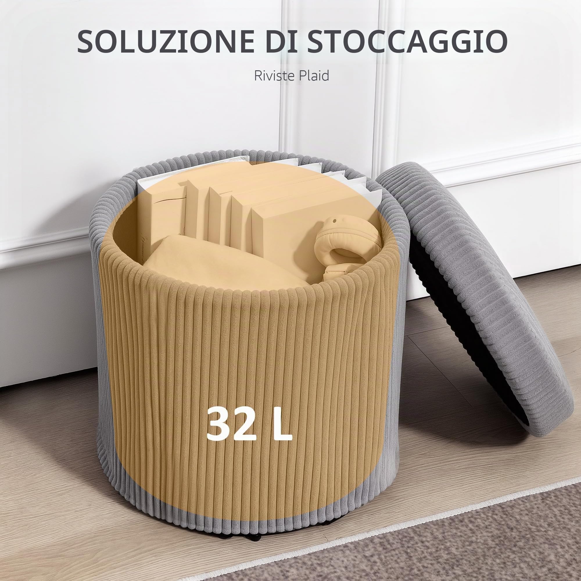 HOMCOM Pouf Rotondo Portaoggetti Baule Ø40x41 cm Grigio Chiaro | Rivestimento in velluto a coste, seduta imbottita, coperchio rimovibile, per ingresso, camera da letto, soggiorno.