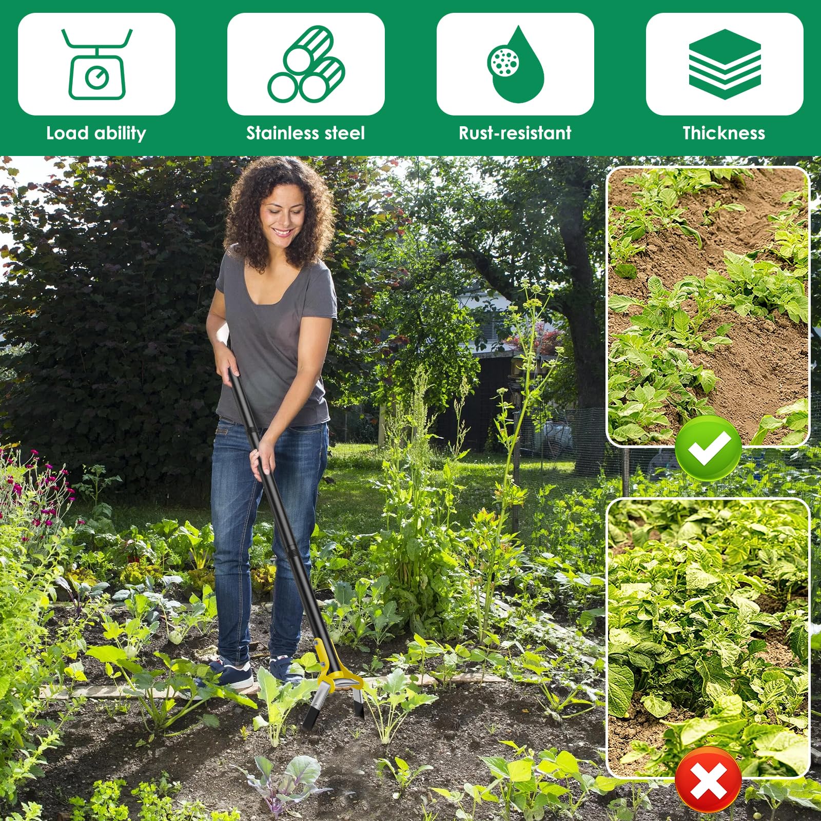 Hula Hoe - Zappa da giardino con manico in acciaio inox, lunghezza regolabile, manico lungo, per allentare il terreno, piantare e coltivare