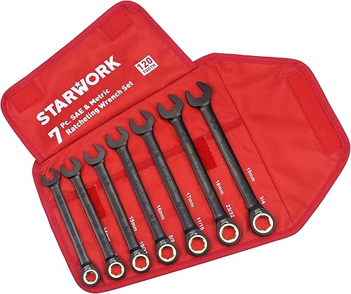 Miniatura 2 de STARWORK TRUE MECHANIC 7Pc. Juego de llaves de trinquete métricas SAE 120T, profesional, con bolsa enrollable