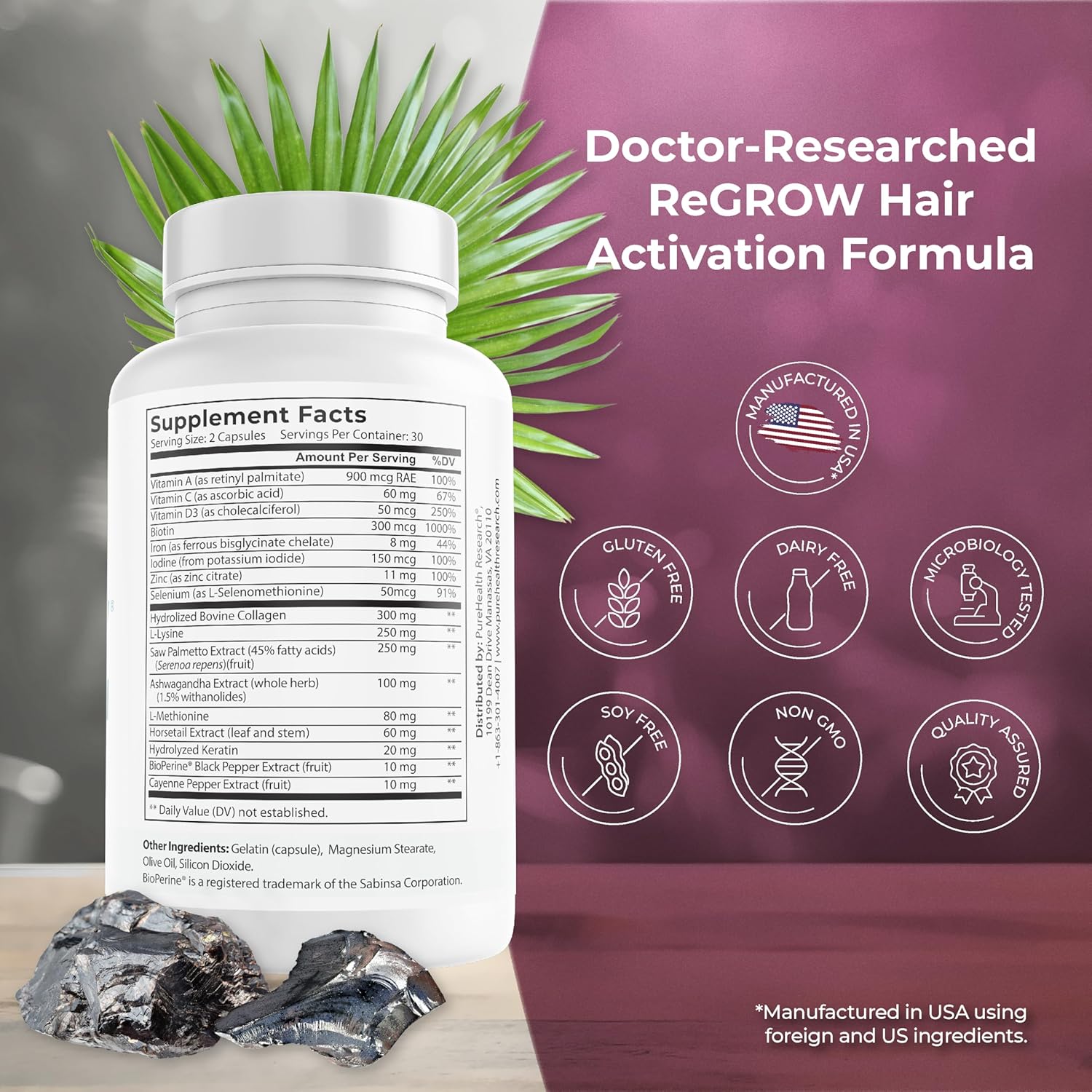 PUREHEALTH RESEARCH ReGrow - Hair Growth Vitamins - with Saw Palmetto, Biotin, Collagen, Zinc, Iron, Iodine, Selenium & More - Hair Supplements for Women & Men - 60 Capsules - Image 3