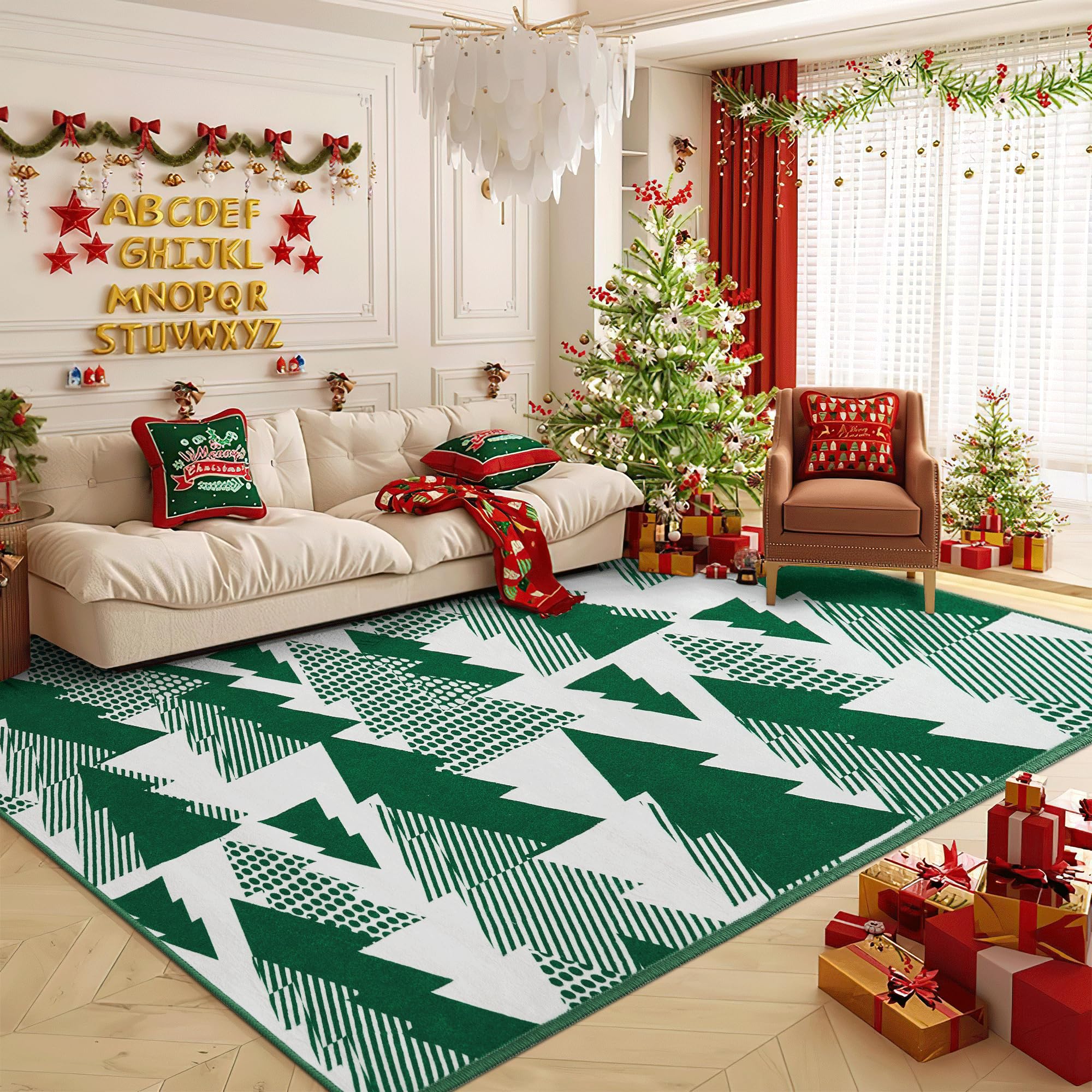 PONY DANCE Alfombra de Navidad Alfombra Salon Grande 200x300cm Alfombra Pelo Corto Alfombra Lavable Antideslizante para Dormitorio/Habitación Infantil, Verde