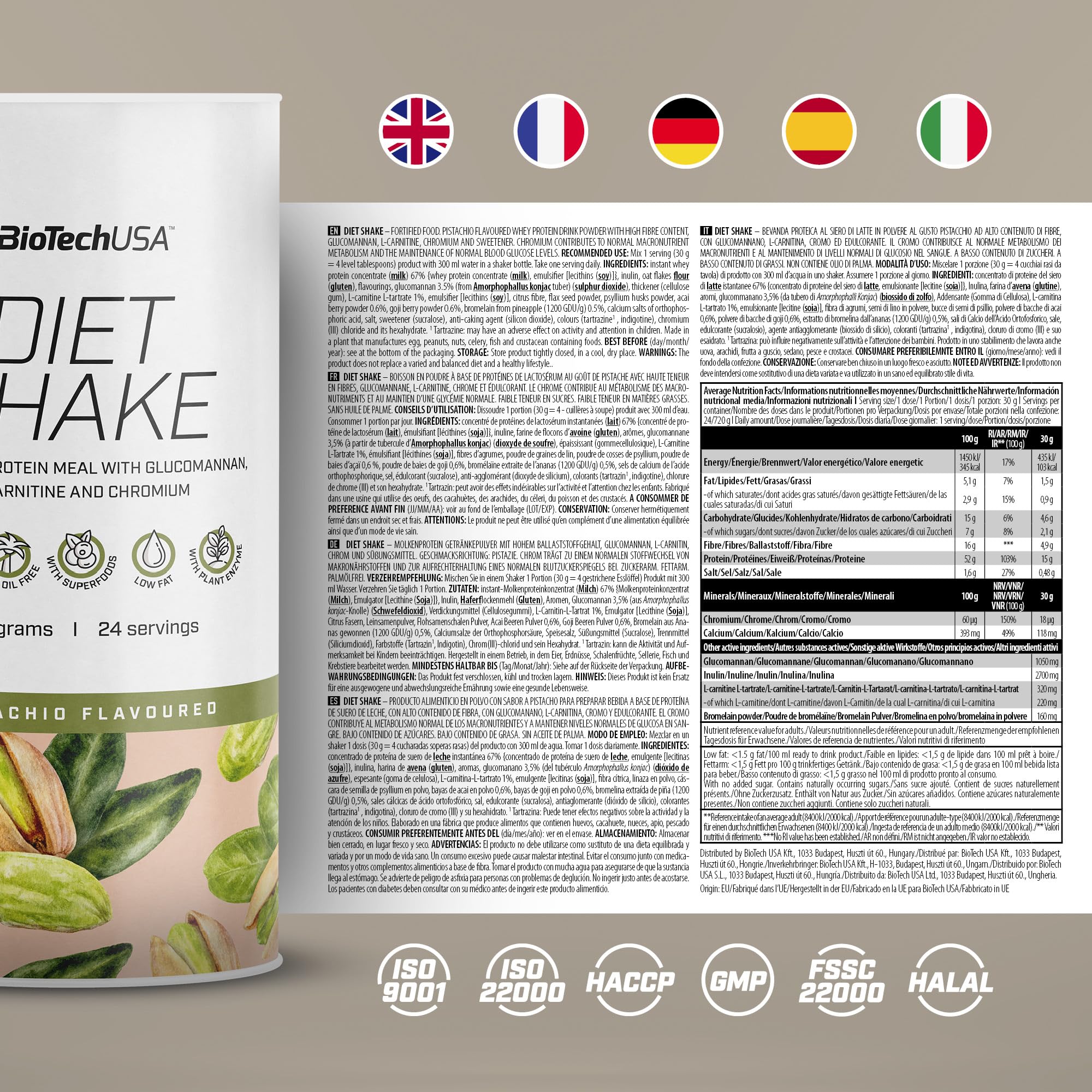 BioTechUSA Diet Shake | Alto contenuto di proteine, basso contenuto di grassi | Con superalimenti, cromo, glucomannano, L-carnitina | Basso contenuto di zucchero, 0,72 kg, pistacchio_ | Ricco di proteine e fibre | in una dieta ipocalorica | Basso contenut